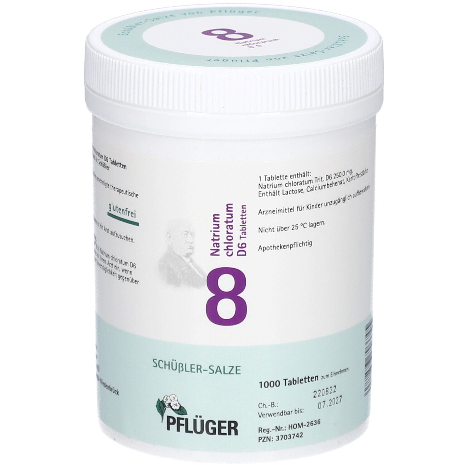 Weiße Dose mit grünem Deckel. Aufschrift: Natrium chloratum D6, 8, SCHÜSSLER-SALZE, PFLÜGER. 1000 Tabletten.