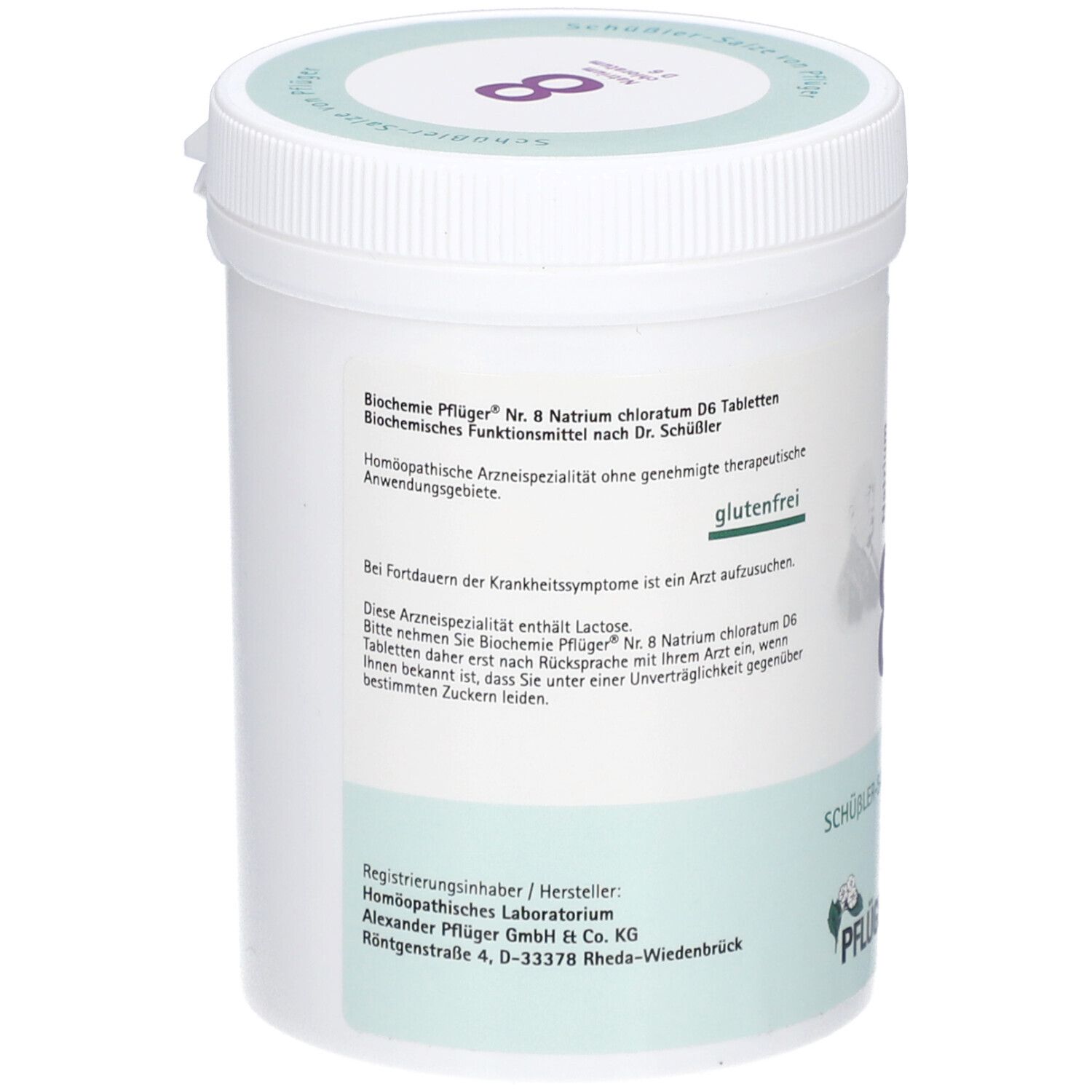 Weiße Dose mit grünem Deckel. Aufschrift: Biochemie Pflüger Nr. 8 Natrium chloratum D6 Tabletten. Glutenfrei.