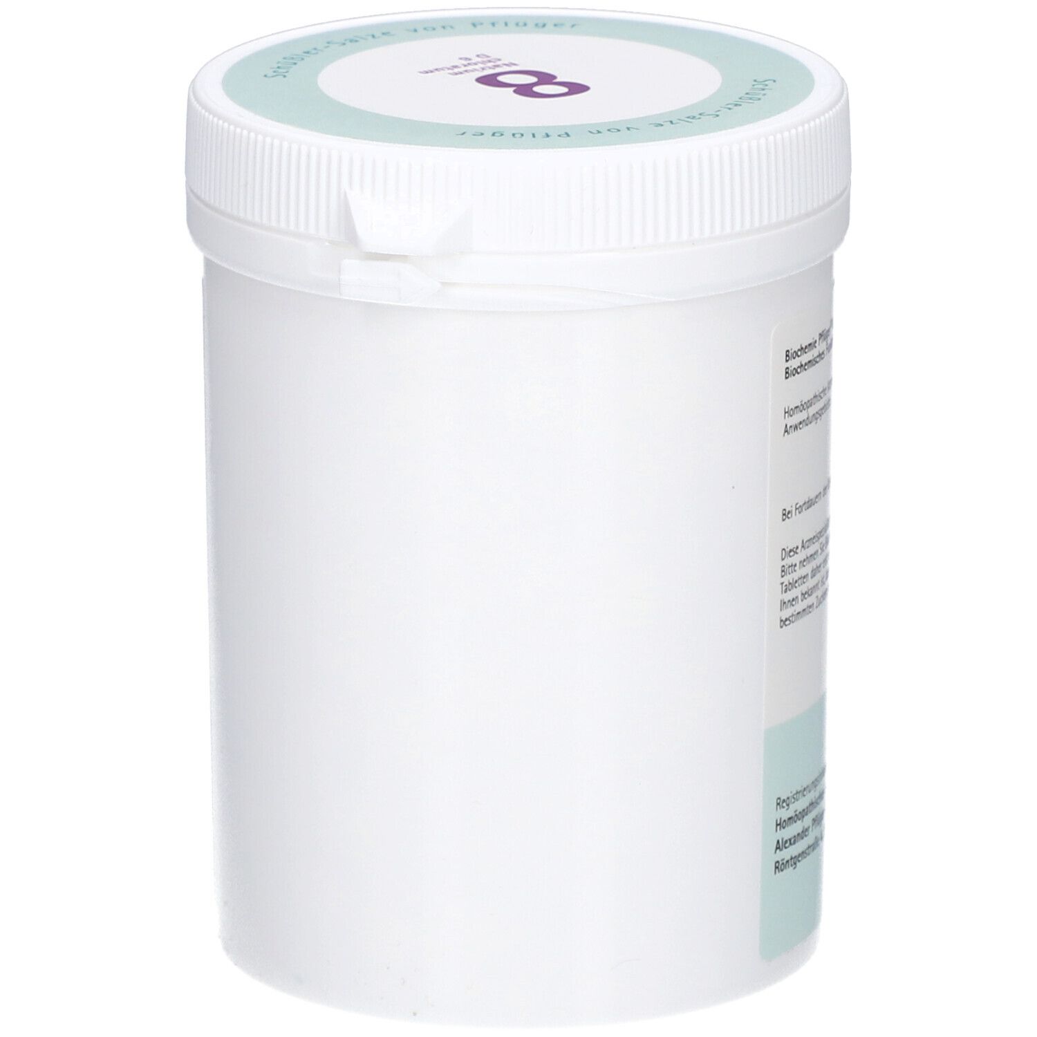 Weiße Dose mit Deckel. Aufschrift 'Schüßler-Salze'. Seitliche Ansicht. Apothekenpflichtig.