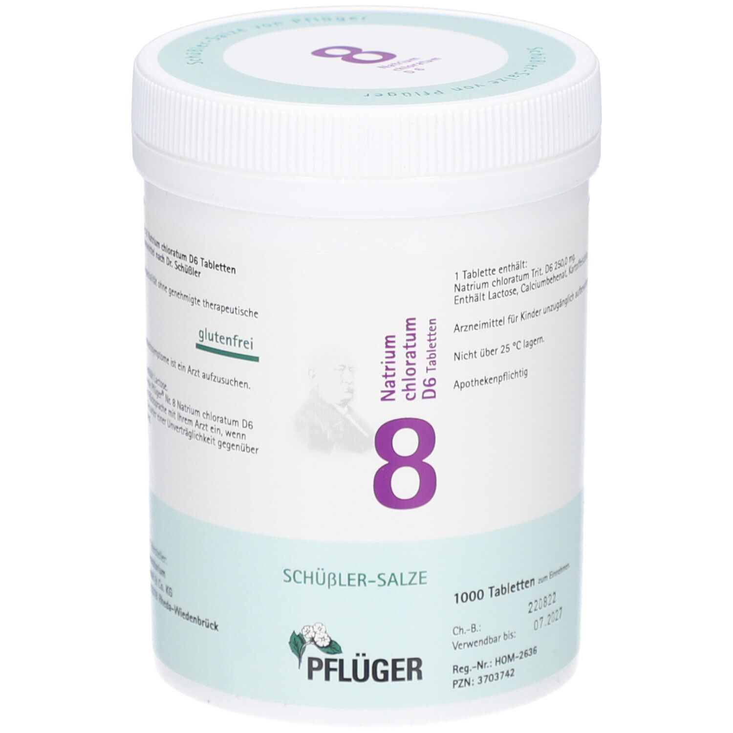 Weiße Dose mit grünem Deckel. Aufschrift: Natrium chloratum D6, 8, SCHÜSSLER-SALZE, PFLÜGER. 1000 Tabletten.