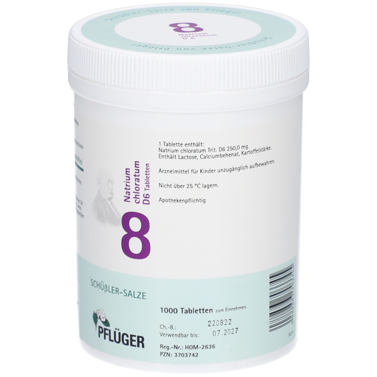Weiße Dose mit grünem Deckel. Aufschrift: Natrium chloratum D6, 8, SCHÜSSLER-SALZE, PFLÜGER. 1000 Tabletten.