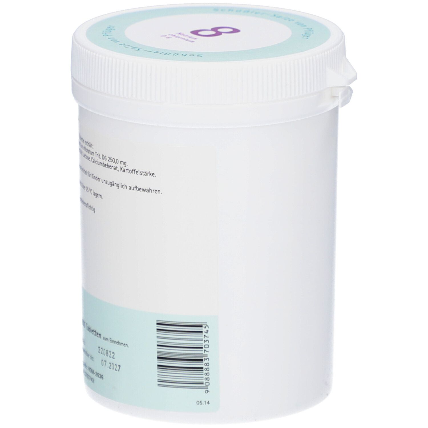 Weiße Dose mit grünem Deckel. Aufschrift: Natrium chloratum D6. Rückseite mit Informationen und Barcode.