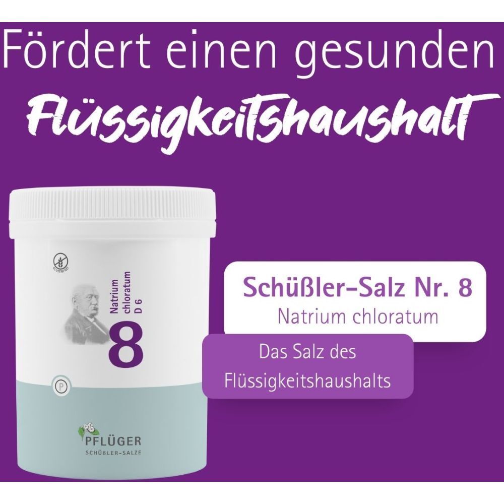 Produktabbildung mit Text: Fördert einen gesunden Flüssigkeitshaushalt. Schüßler-Salz Nr. 8 Natrium chloratum.