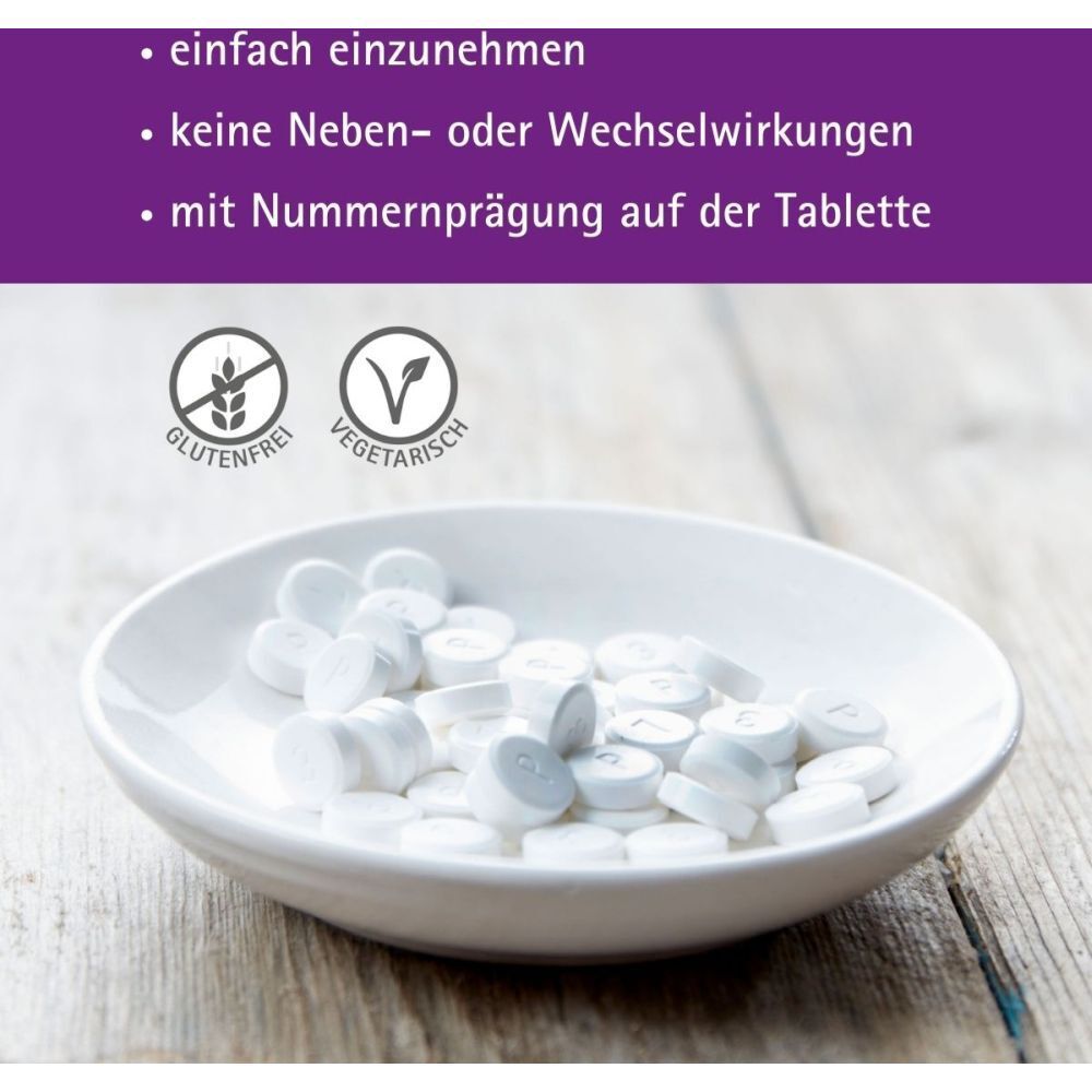 Tabletten in einer Schale. Text: einfach einzunehmen, keine Nebenwirkungen, mit Nummerprägung. Glutenfrei, vegetarisch.