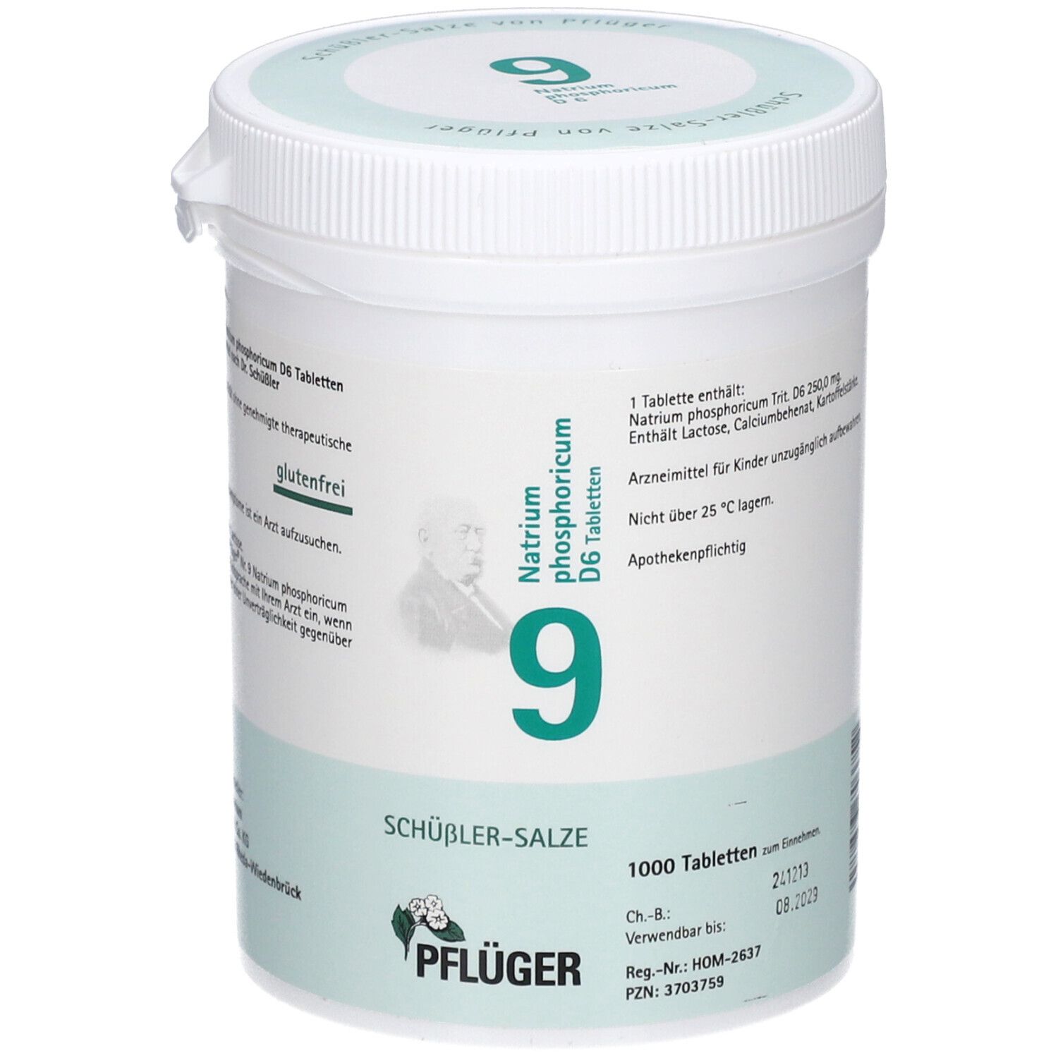 Weißer Behälter mit grünem Deckel. Aufschrift: Natrium phosphoricum D6 Tabletten, 9, SCHÜSSLER-SALZE, PFLÜGER. 1000 Tabletten.