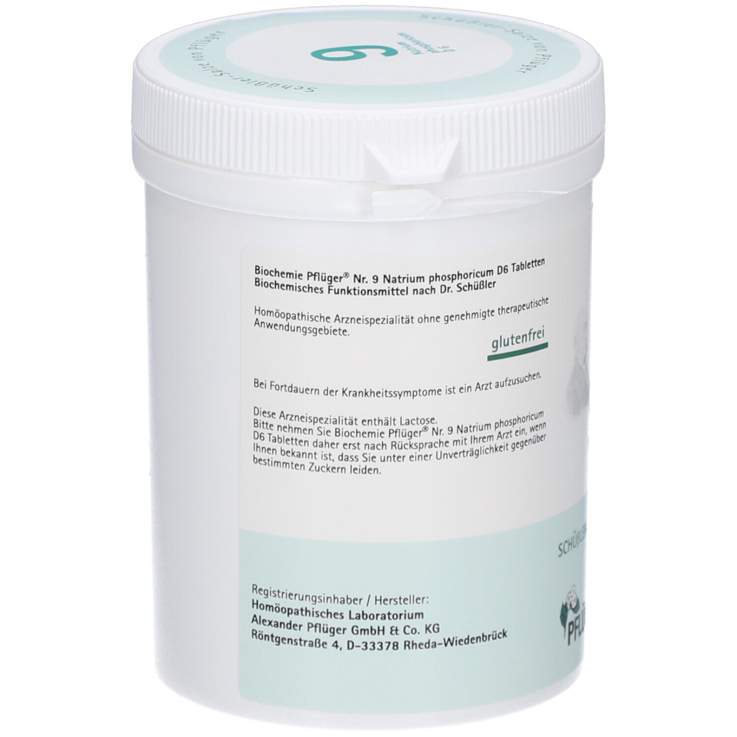 Rückseite des weißen Behälters. Text: Biochemie Pflüger Nr. 9 Natrium phosphoricum D6 Tabletten. Glutenfrei. Hersteller: Alexander Pflüger GmbH & Co. KG.