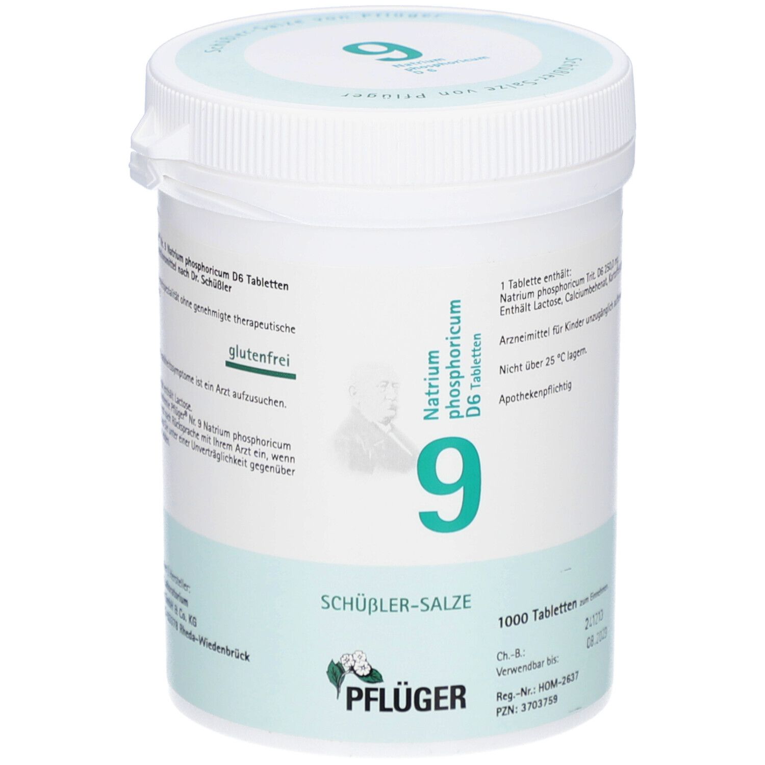 Weißer Behälter mit grünem Deckel. Aufschrift: Natrium phosphoricum D6 Tabletten, 9, SCHÜSSLER-SALZE, PFLÜGER. 1000 Tabletten. Glutenfrei.