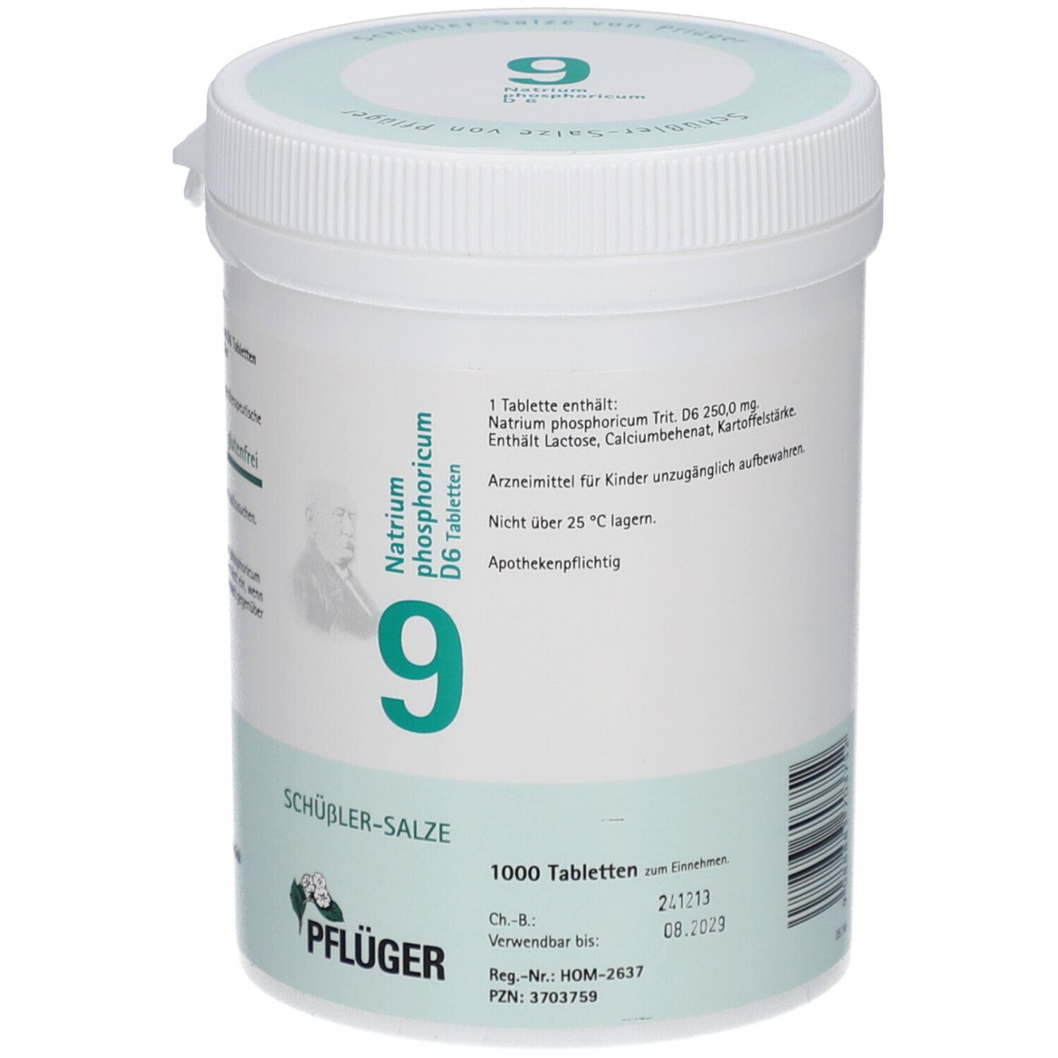 Weißer Behälter mit grünem Deckel. Aufschrift: Natrium phosphoricum D6 Tabletten, 9, SCHÜSSLER-SALZE, PFLÜGER. 1000 Tabletten. Apothekenpflichtig.