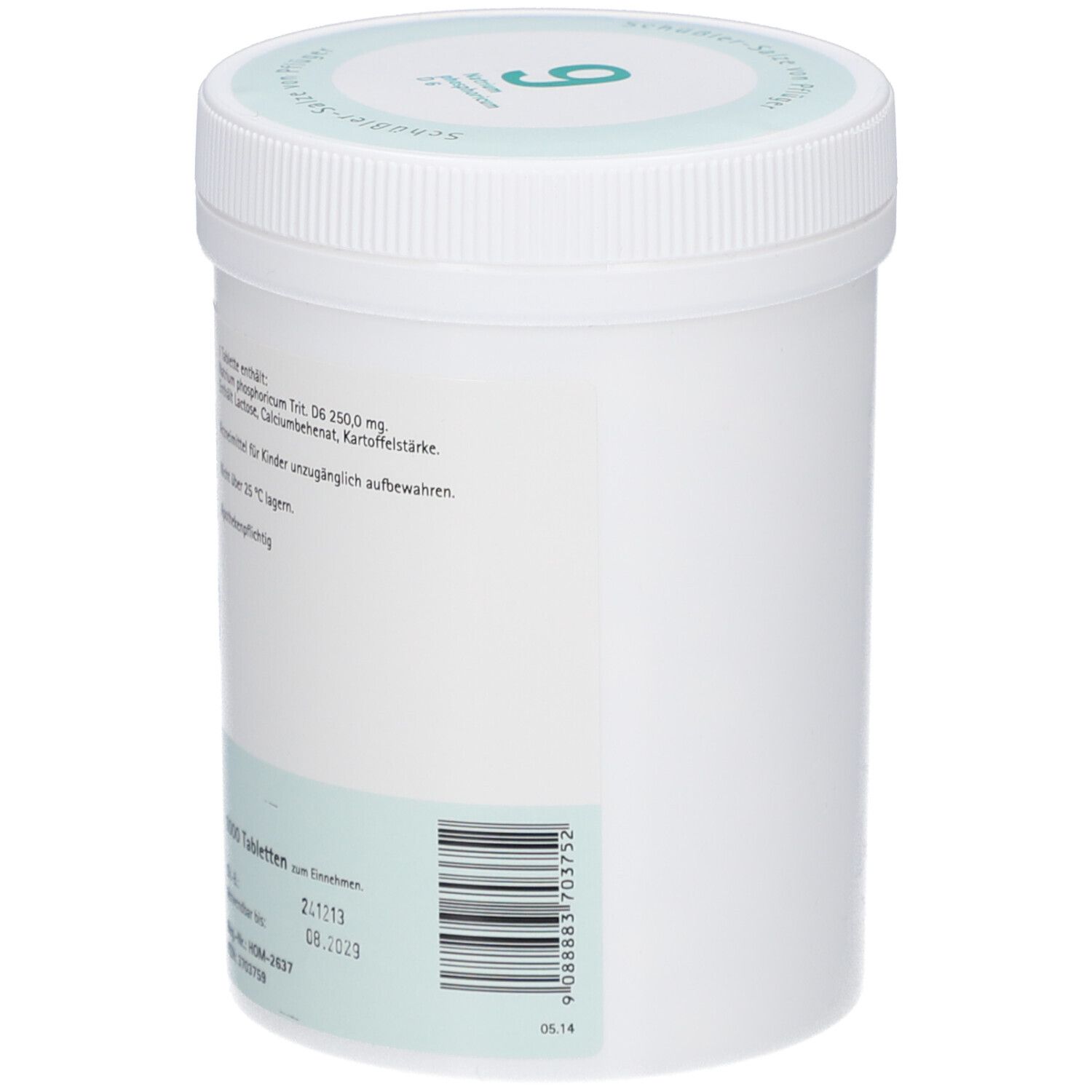 Seitenansicht eines weißen Behälters mit grünem Deckel. Barcode und Text. Aufschrift: Natrium phosphoricum D6 Tabletten. Verwendbar bis 08.2023.