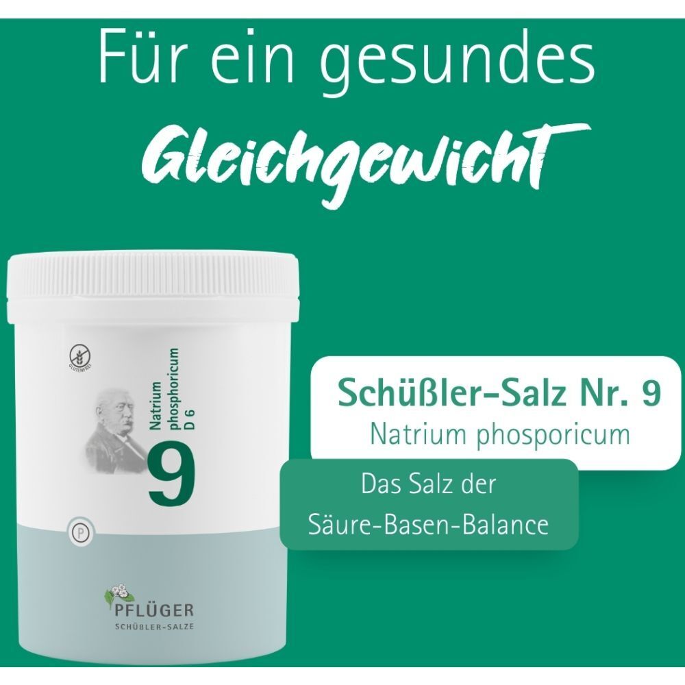Grüner Hintergrund mit Produktabbildung. Text: Schüßler-Salz Nr. 9 Natrium phosphoricum. Das Salz der Säure-Basen-Balance.