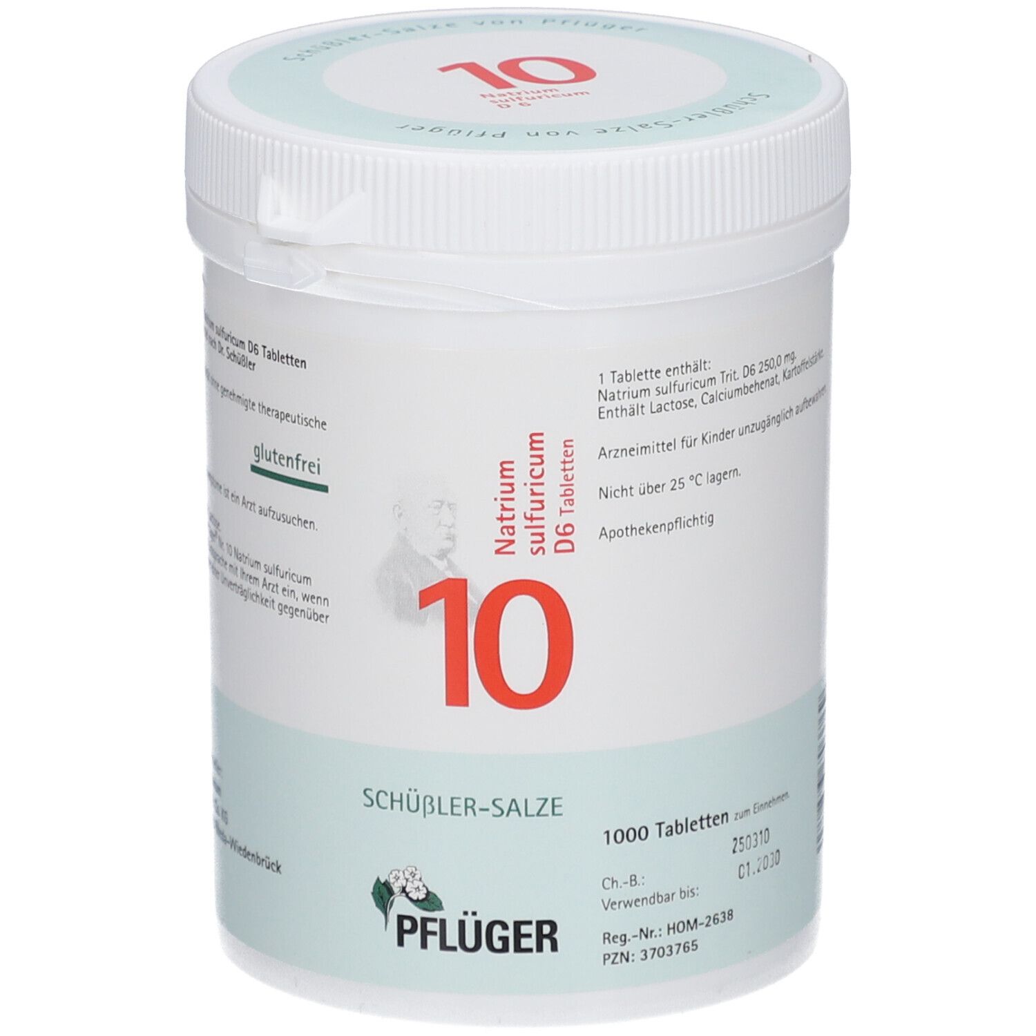 Weißes Tabletten-Behältnis mit Aufschrift '10' und 'Natrium sulfuricum D6'. 1000 Tabletten. 'Pflüger' Logo.