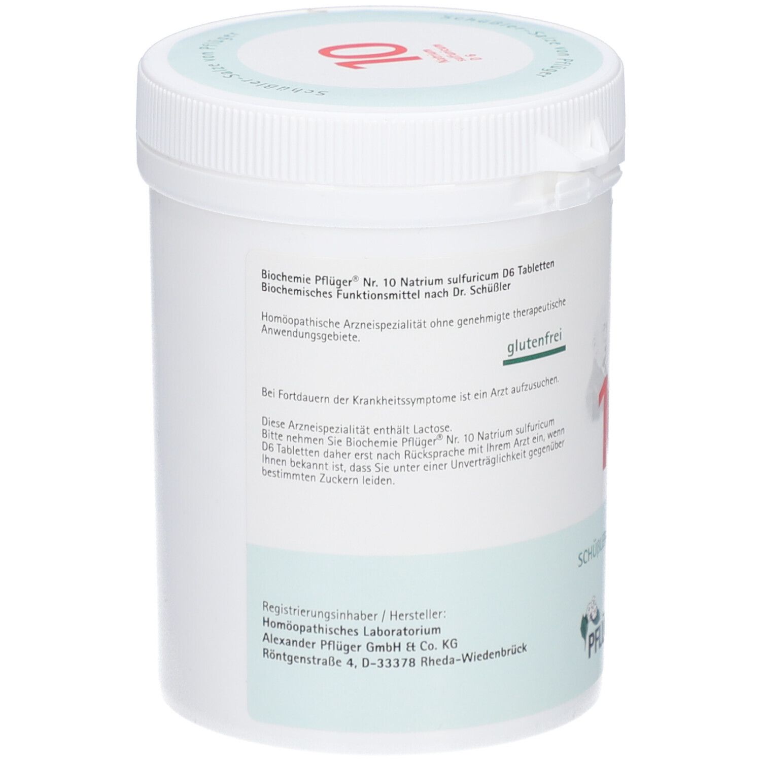 Rückseite einer weißen Tabletten-Dose. Text: 'Biochemie Pflüger Nr. 10 Natrium sulfuricum D6 Tabletten'. 'Glutenfrei'.