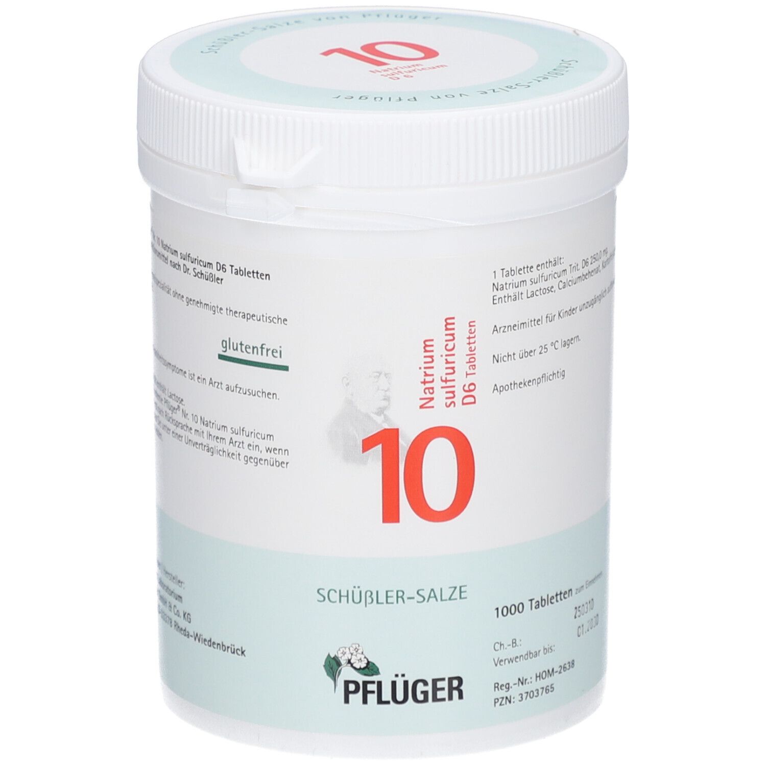 Weiße Tabletten-Dose mit Aufschrift '10' und 'Natrium sulfuricum D6'. 1000 Tabletten. 'Pflüger' Logo.