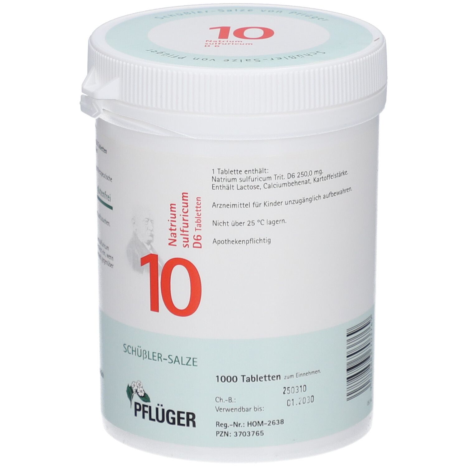 Weiße Tabletten-Dose mit Aufschrift '10' und 'Natrium sulfuricum D6'. 1000 Tabletten. 'Pflüger' Logo.