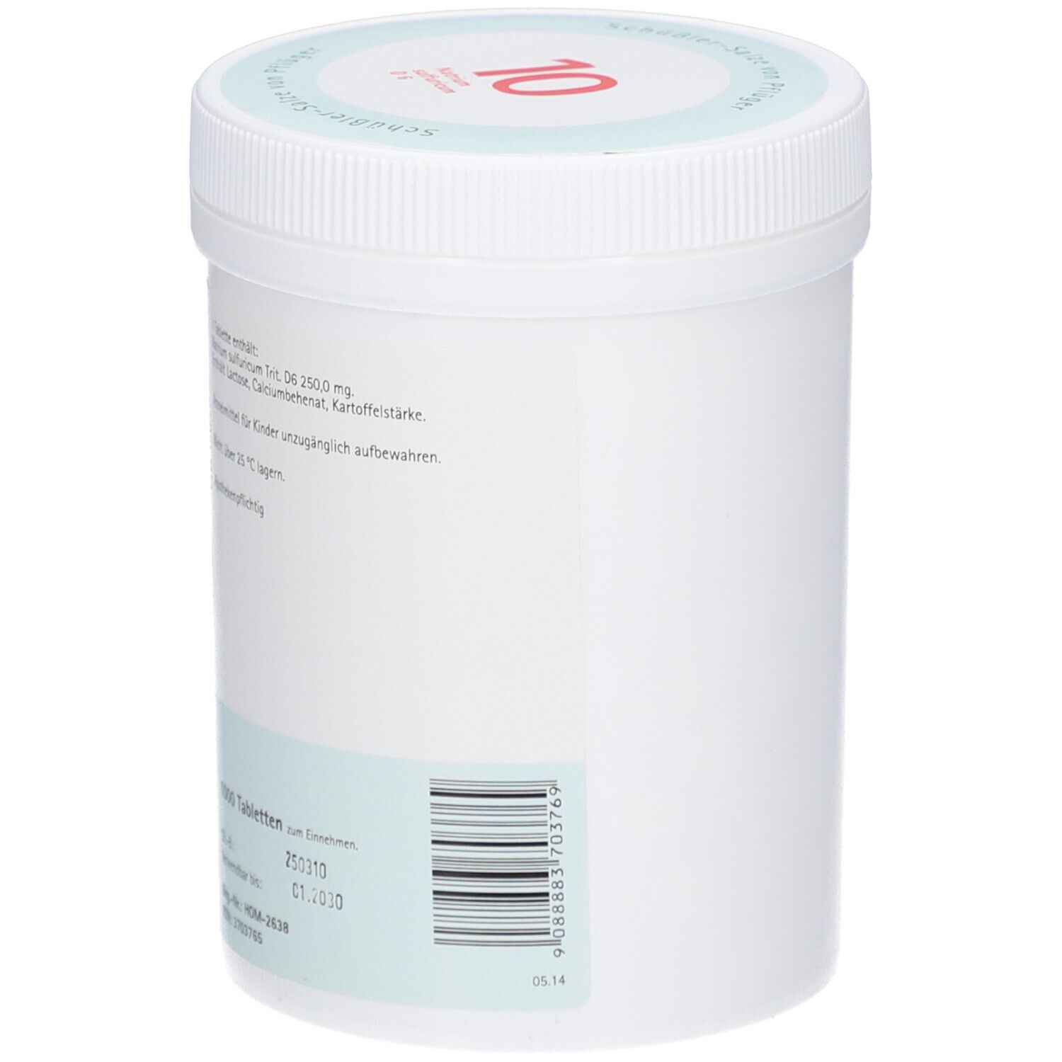 Rückseite einer weißen Tabletten-Dose. Barcode und weitere Informationen.