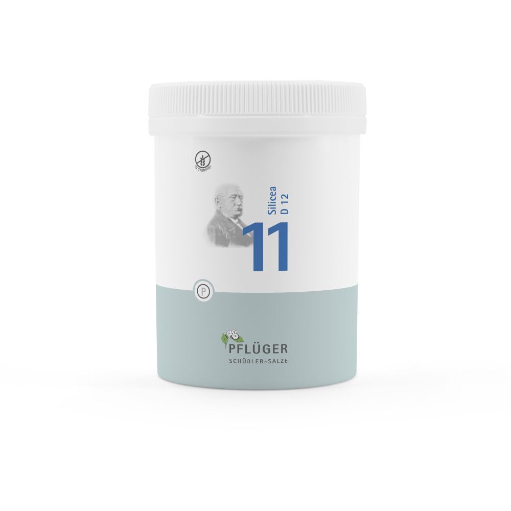 Weißer Behälter mit blauem Etikett. Enthält die Nr. 11 Silicea D12 Tabletten. Pflüger Logo.