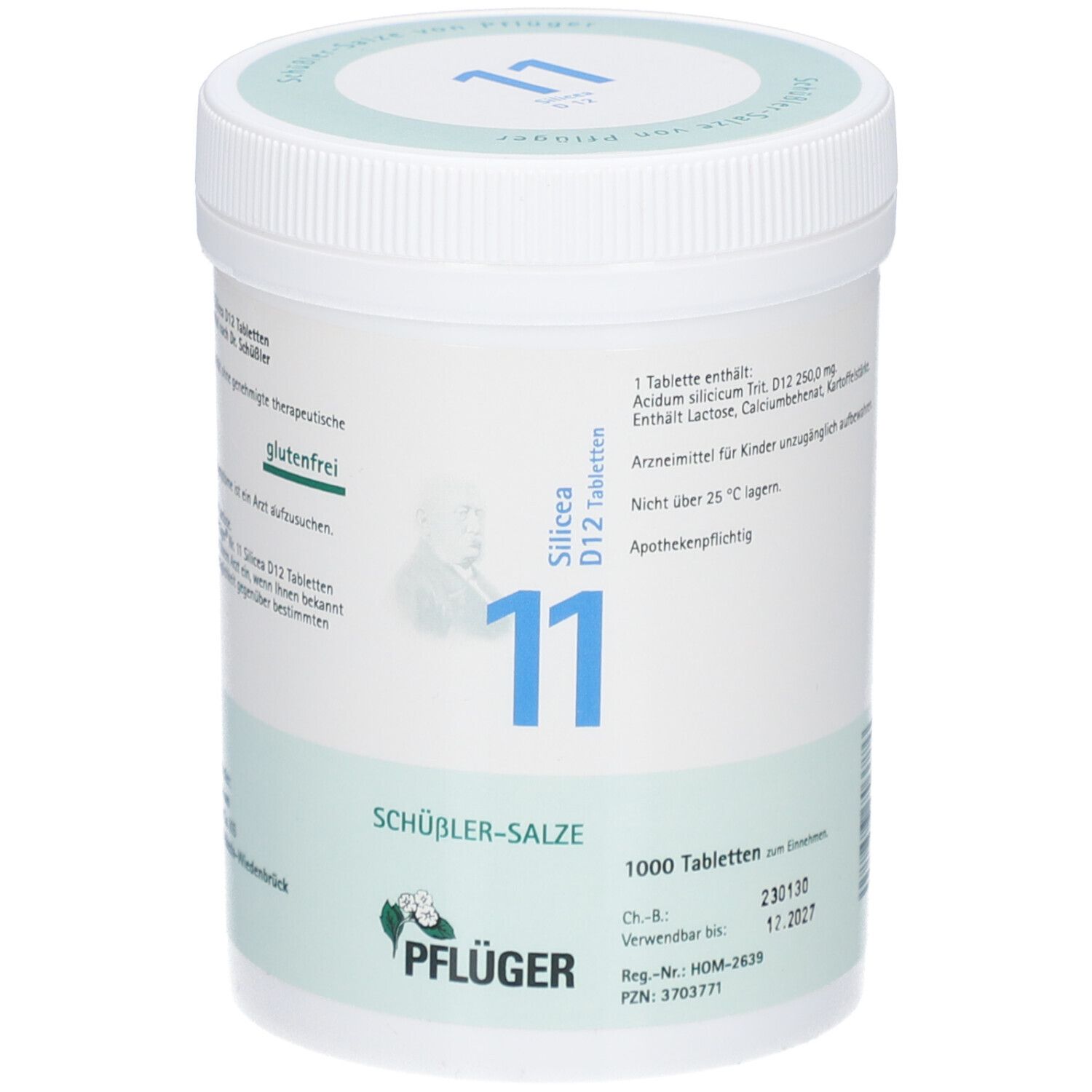 Weißer Behälter mit blauem Deckel. Aufschrift: Silica D12 Tabletten 11, Schüßler-Salze, 1000 Tabletten. Pflüger Logo.