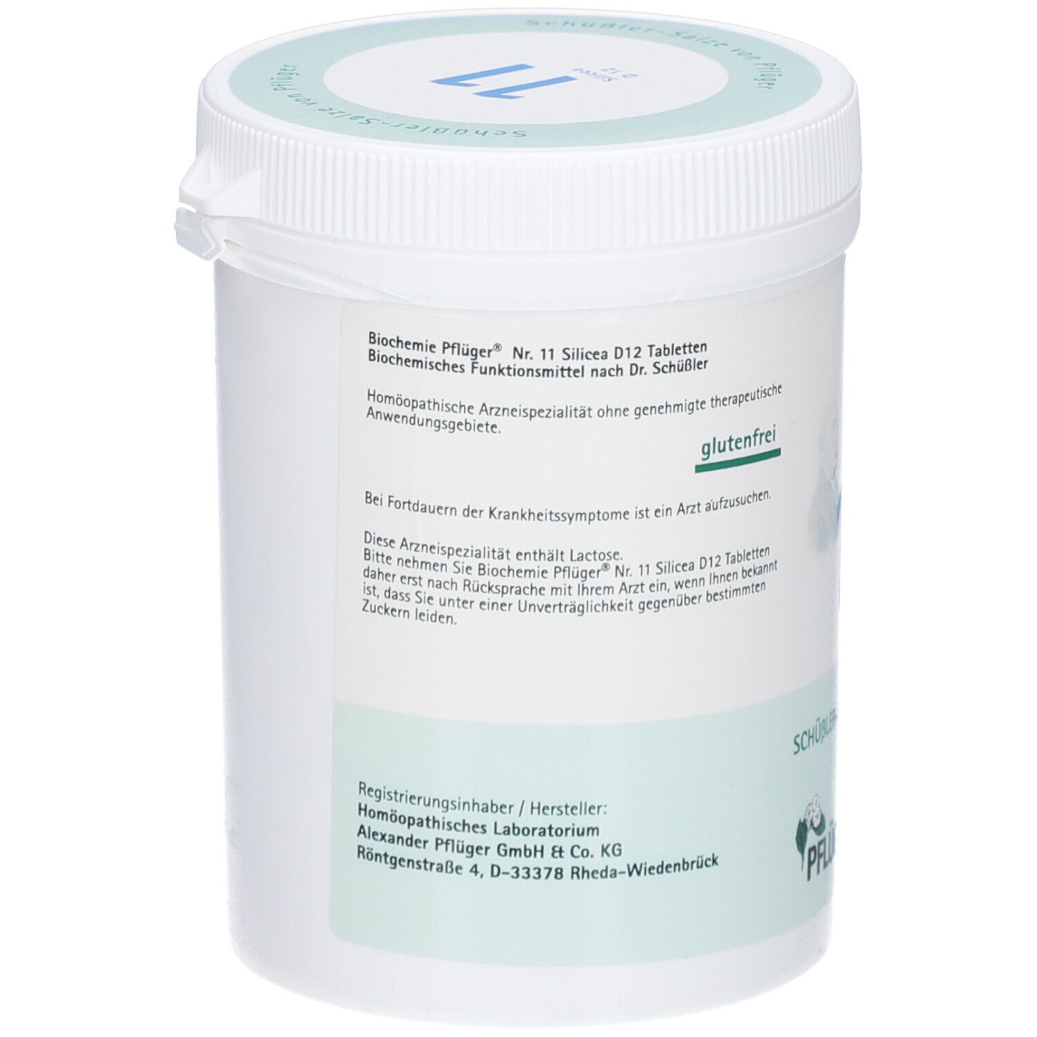 Rückseite eines weißen Behälters. Aufschrift: Biochemie Pflüger Nr. 11 Silica D12 Tabletten. Glutenfrei. Hersteller Alexander Pflüger.