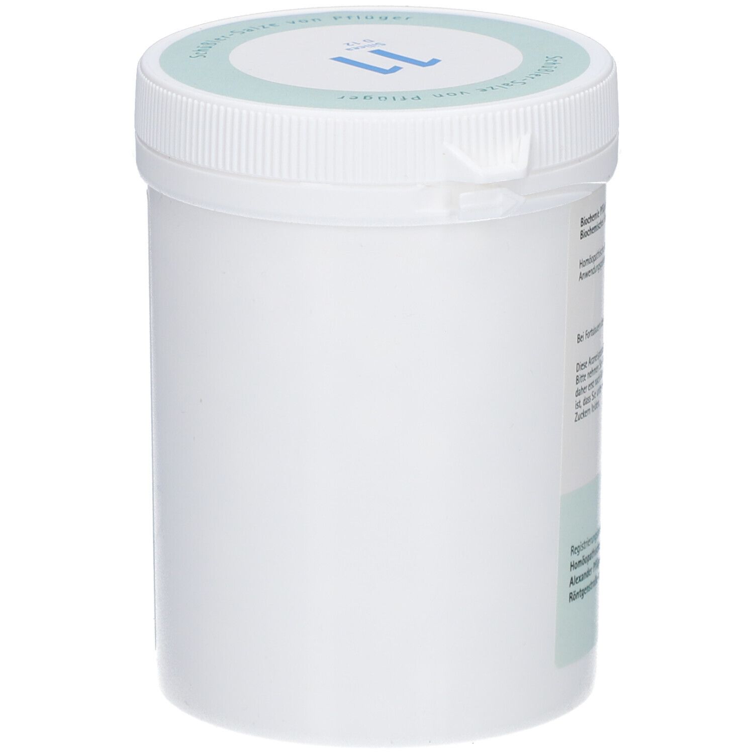 Seitenansicht eines weißen Behälters mit blauem Deckel. Aufschrift: 11.