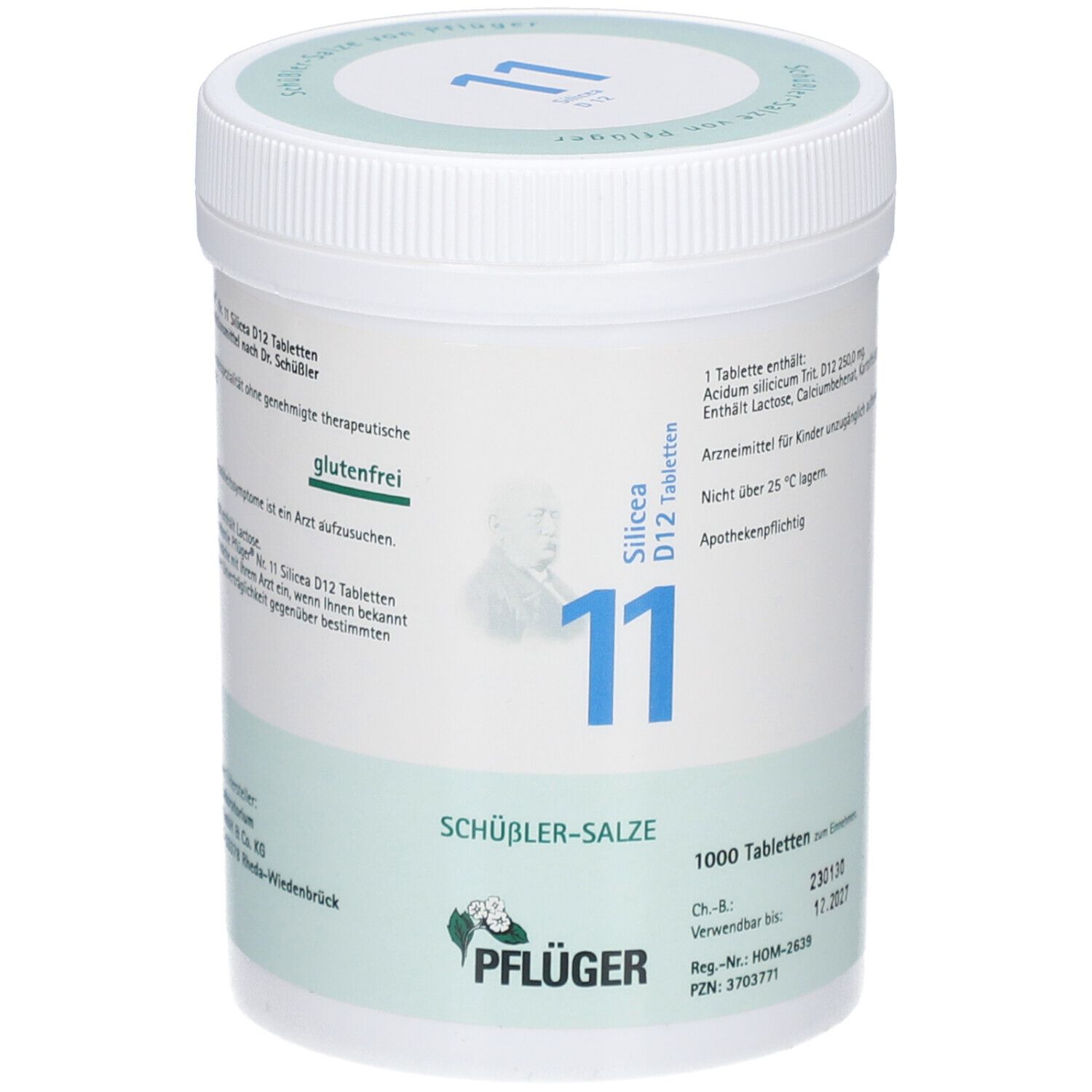 Weißer Behälter mit blauem Deckel. Aufschrift: Silica D12 Tabletten 11, Schüßler-Salze, 1000 Tabletten. Pflüger Logo.