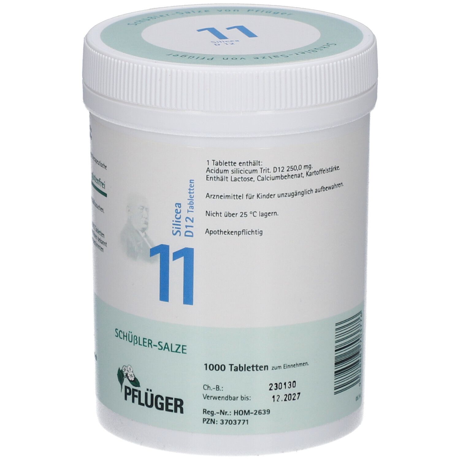 Weißer Behälter mit blauem Deckel. Aufschrift: Silica D12 Tabletten 11, Schüßler-Salze, 1000 Tabletten. Pflüger Logo.