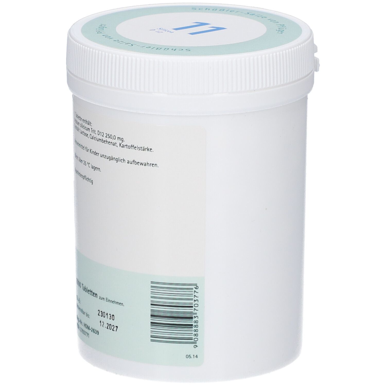 Rückseite eines weißen Behälters. Barcode und Informationen.