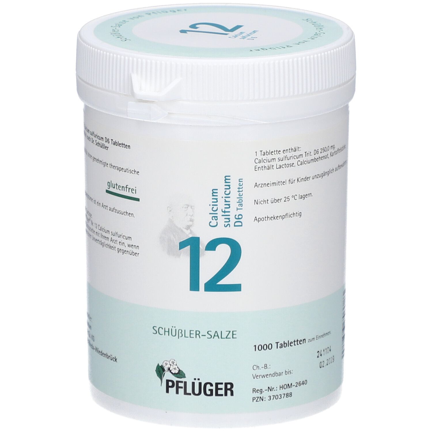 Weißer Behälter mit Deckel. Aufschrift: Calcium sulfuricum D6 Tabletten, 12, Schüßler-Salze, 1000 Tabletten. Pflüger Logo.
