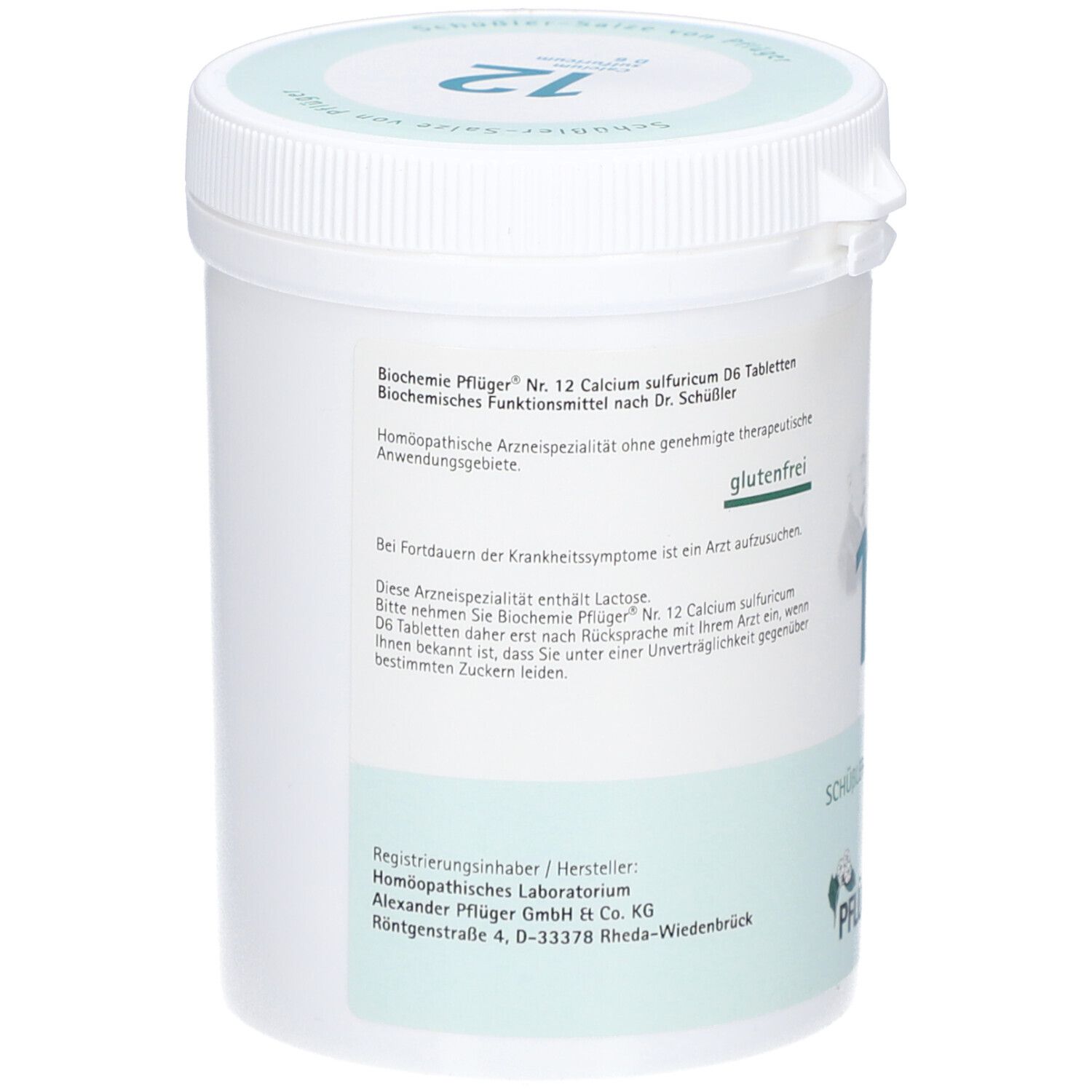 Weißer Behälter mit Deckel. Aufschrift: Biochemie Pflüger Nr. 12 Calcium sulfuricum D6 Tabletten. Glutenfrei. Hersteller: Homöopathisches Laboratorium.