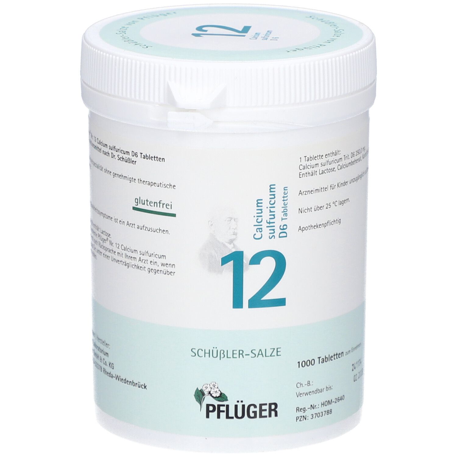 Weißer Behälter mit Deckel. Aufschrift: Calcium sulfuricum D6 Tabletten, 12, Schüßler-Salze, 1000 Tabletten. Pflüger Logo.