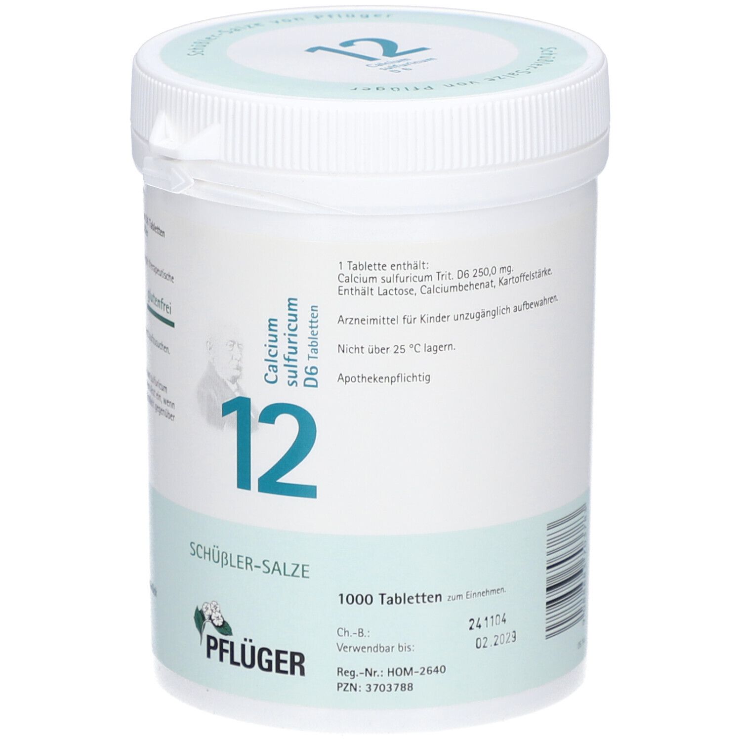 Weißer Behälter mit Deckel. Aufschrift: Calcium sulfuricum D6 Tabletten, 12, Schüßler-Salze, 1000 Tabletten. Pflüger Logo.