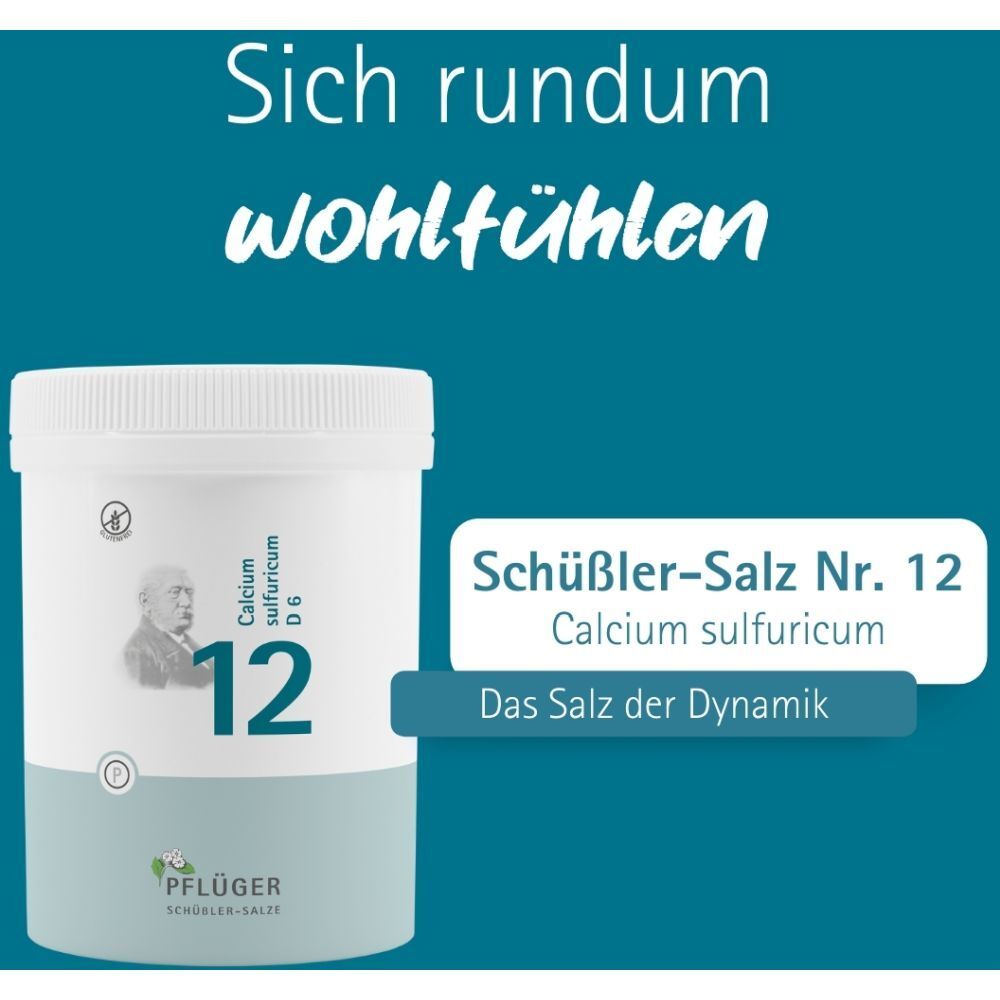 Produktverpackung mit Text: Schüßler-Salz Nr. 12 Calcium sulfuricum. Text: Das Salz der Dynamik. Hintergrund blau.