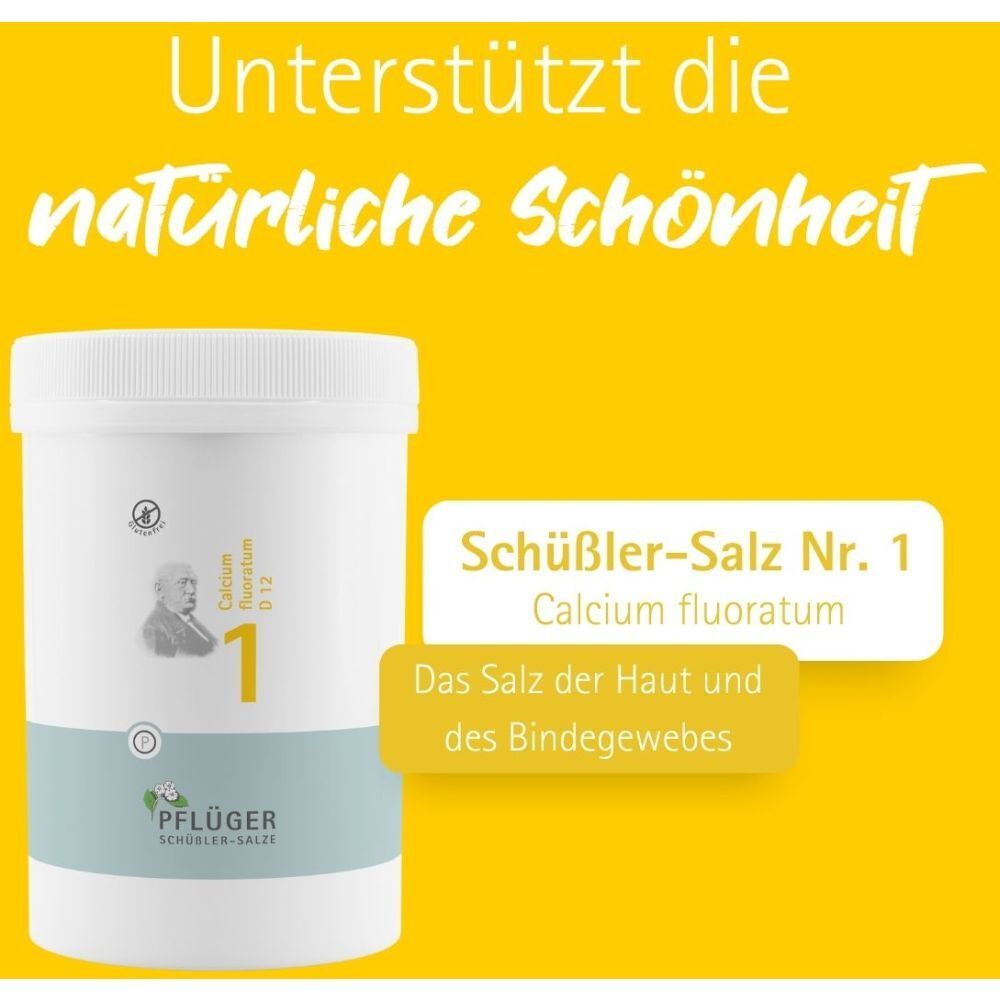 Gelber Hintergrund mit Text: Unterstützt die natürliche Schönheit. Produkt: Schüßler-Salz Nr. 1 Calcium fluoratum.