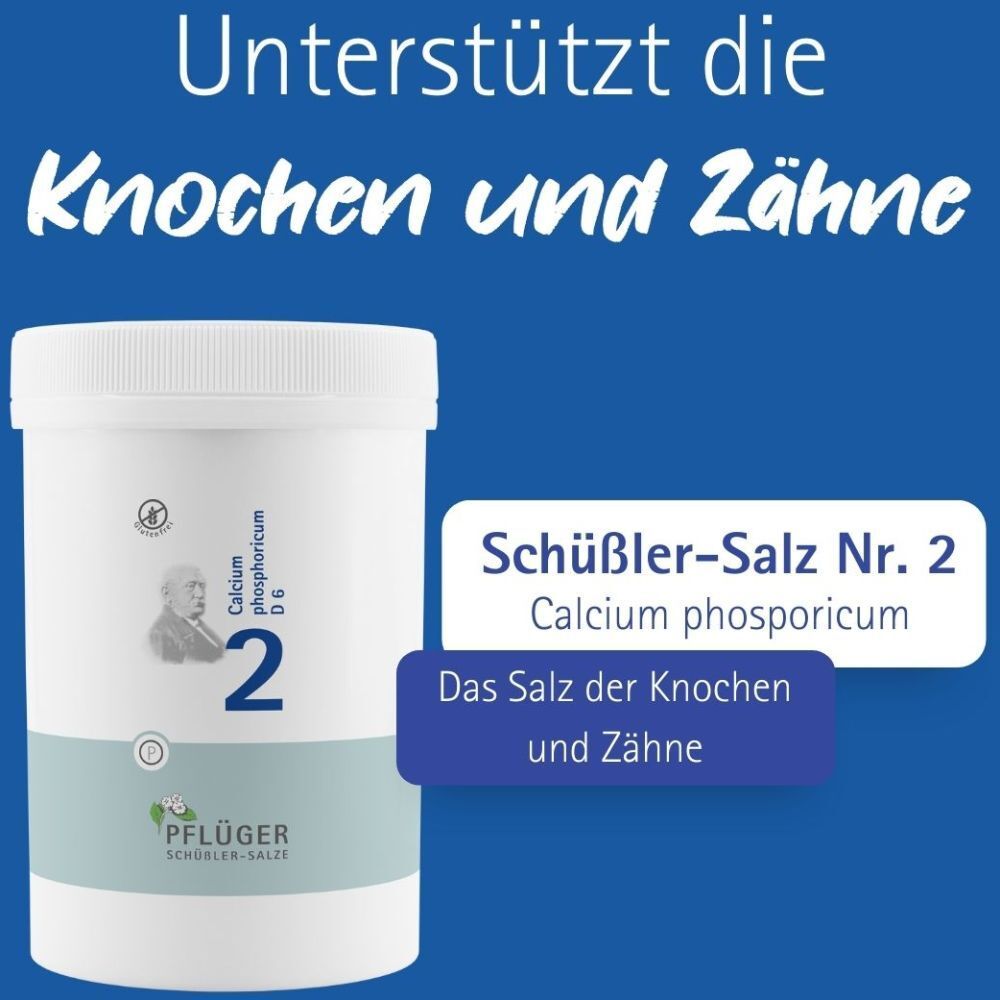 Werbung für Schüßler-Salz Nr. 2 Calcium phosphoricum. Text: Unterstützt Knochen und Zähne.