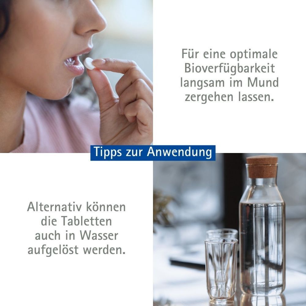 Frau nimmt Tablette ein. Text: Für optimale Bioverfügbarkeit im Mund zergehen lassen. Alternativ in Wasser.