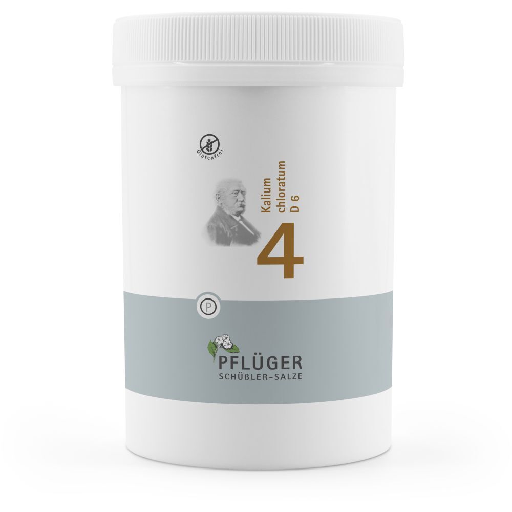 Weiße Dose mit Aufschrift "Kalium chloratum D6 4". Logo und Name "Pflüger Schüßler-Salze".