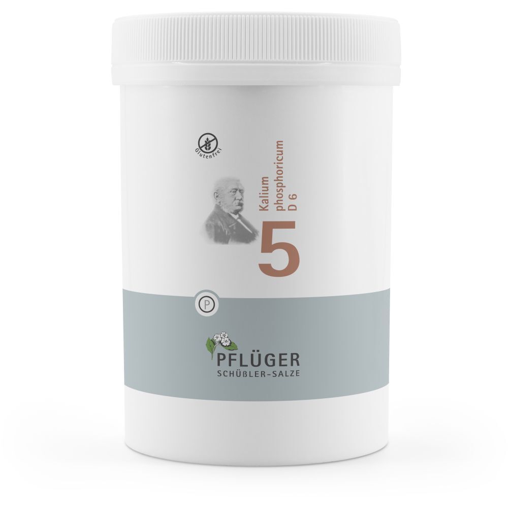 Weiße Dose mit Deckel. Aufschrift: Pflüger Schüßler-Salze 5. Enthält Tabletten. Glutenfrei.