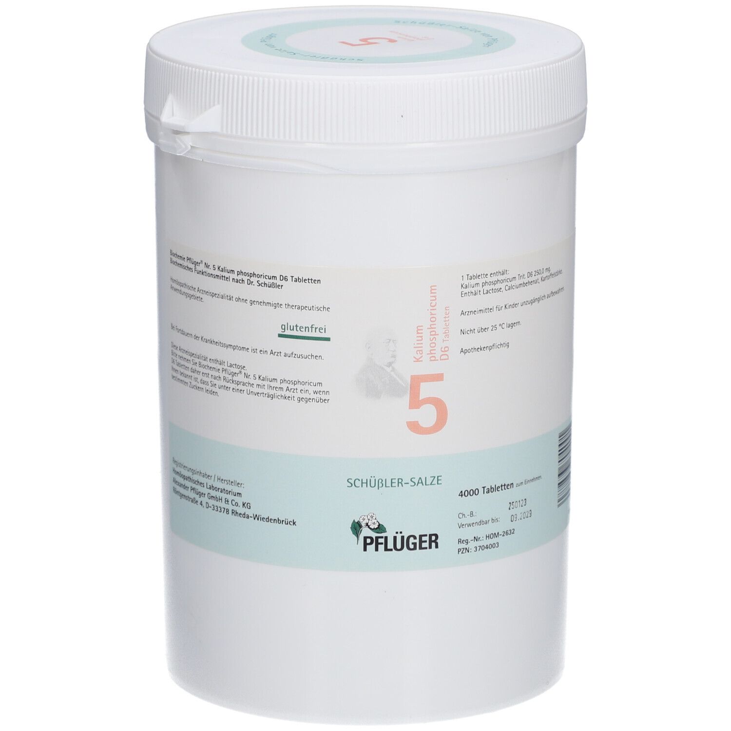 Weiße Dose mit Deckel. Aufschrift: Schüßler-Salze 5, 4000 Tabletten. Pflüger Logo. Glutenfrei.