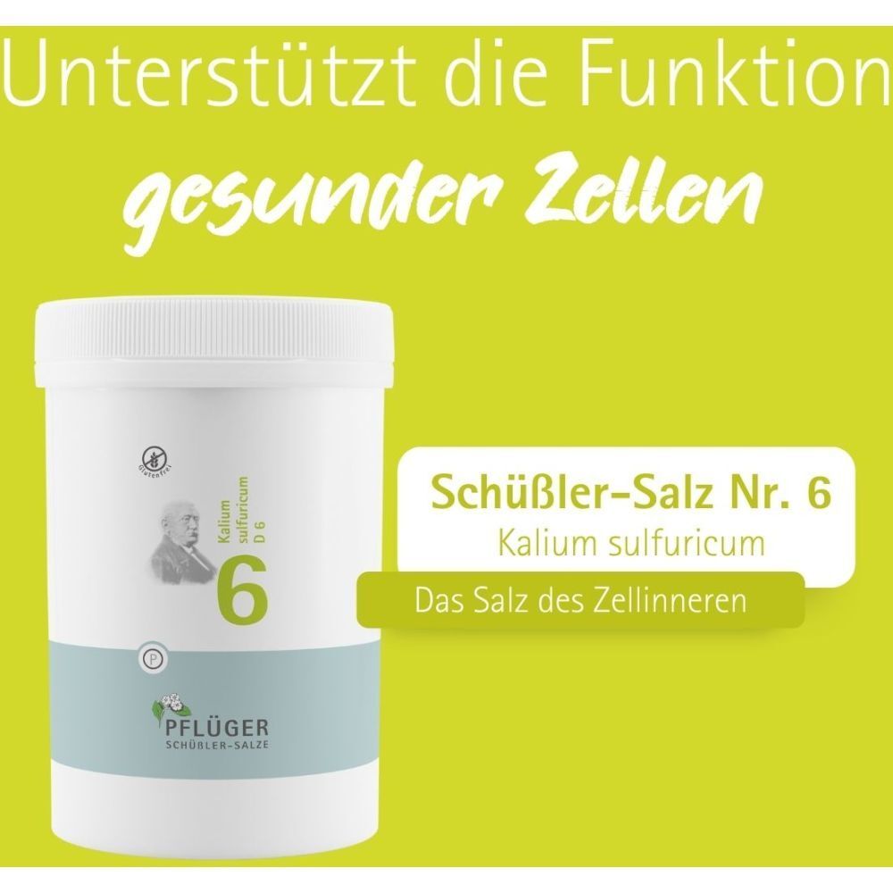 Behälter mit Text: Schüßler-Salz Nr. 6 Kalium sulfuricum. Text auf grünem Hintergrund: Das Salz des Zellinneren.