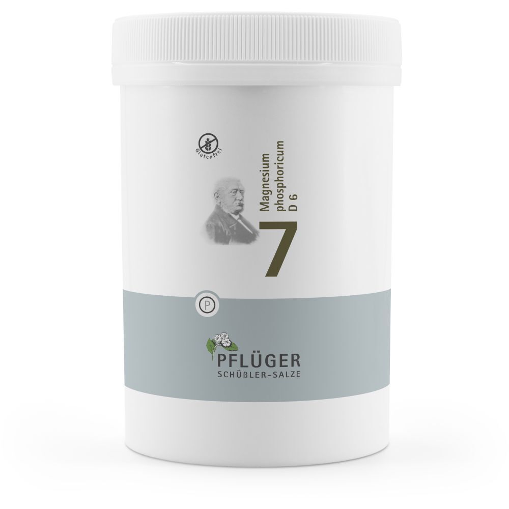 Weiße Dose mit Pflüger Schüßler-Salz Nr. 7. Aufdruck: Magnesium phosphoricum D6. Mit Logo und Abbildung.