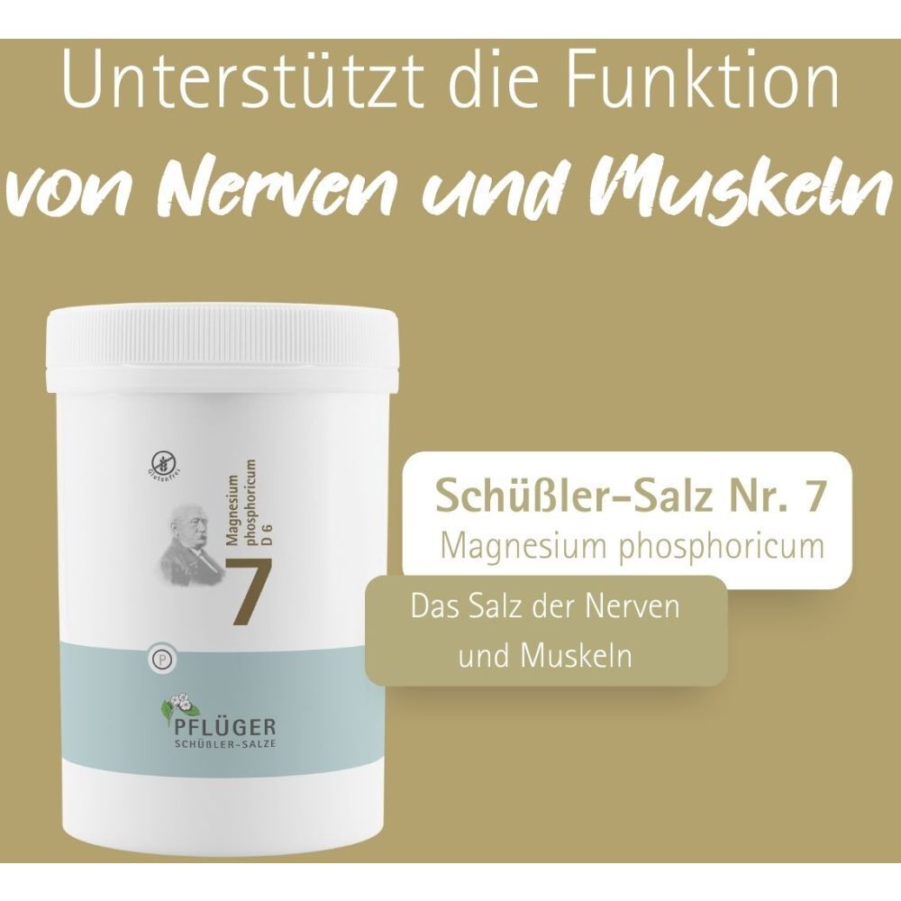 Produktverpackung mit Text: Schüßler-Salz Nr. 7 Magnesium phosphoricum. Text: Das Salz der Nerven und Muskeln.