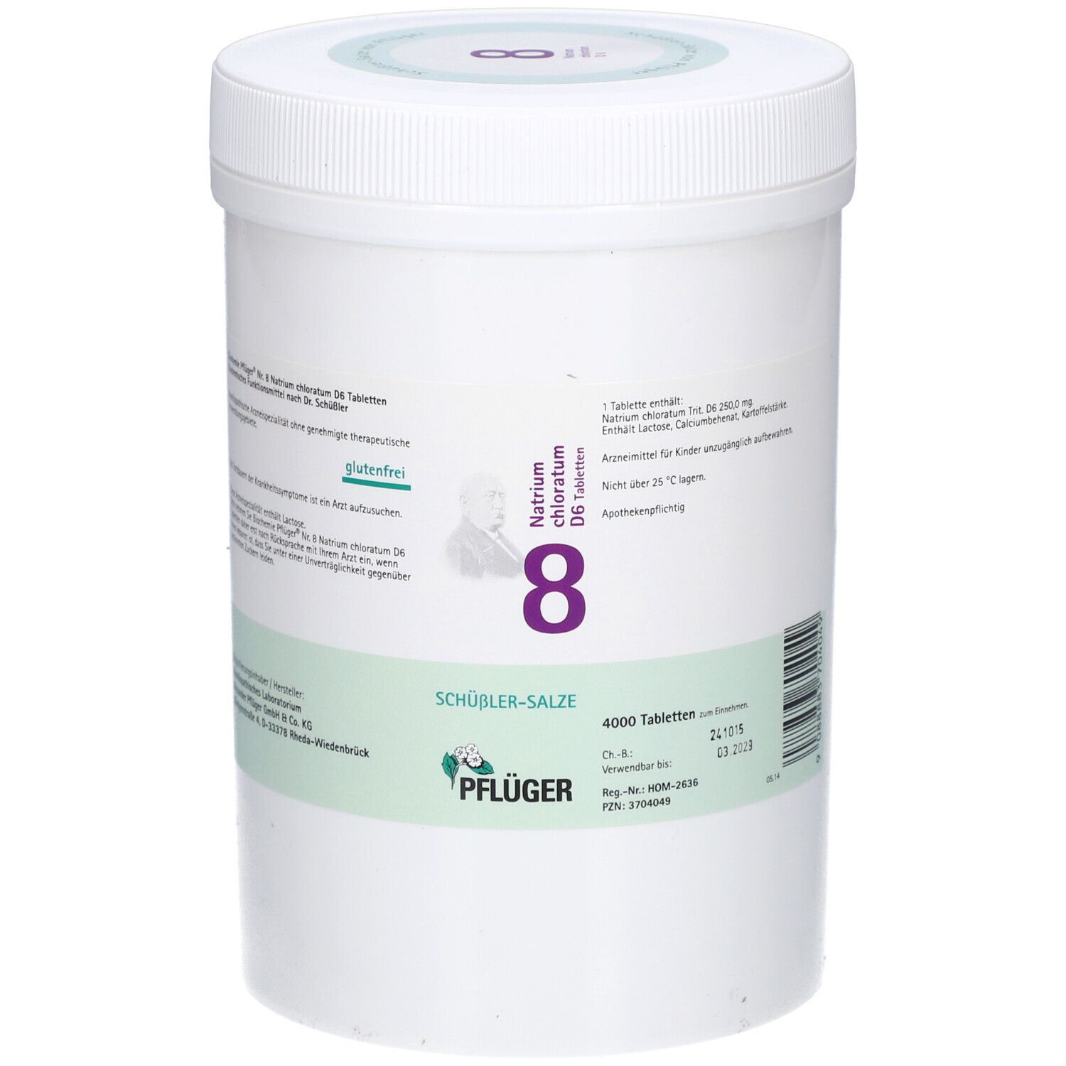 Weißer Behälter mit Deckel. Aufschrift: Natrium chloratum D6, 8, SCHÜSSLER-SALZE, PFLÜGER. 4000 Tabletten.