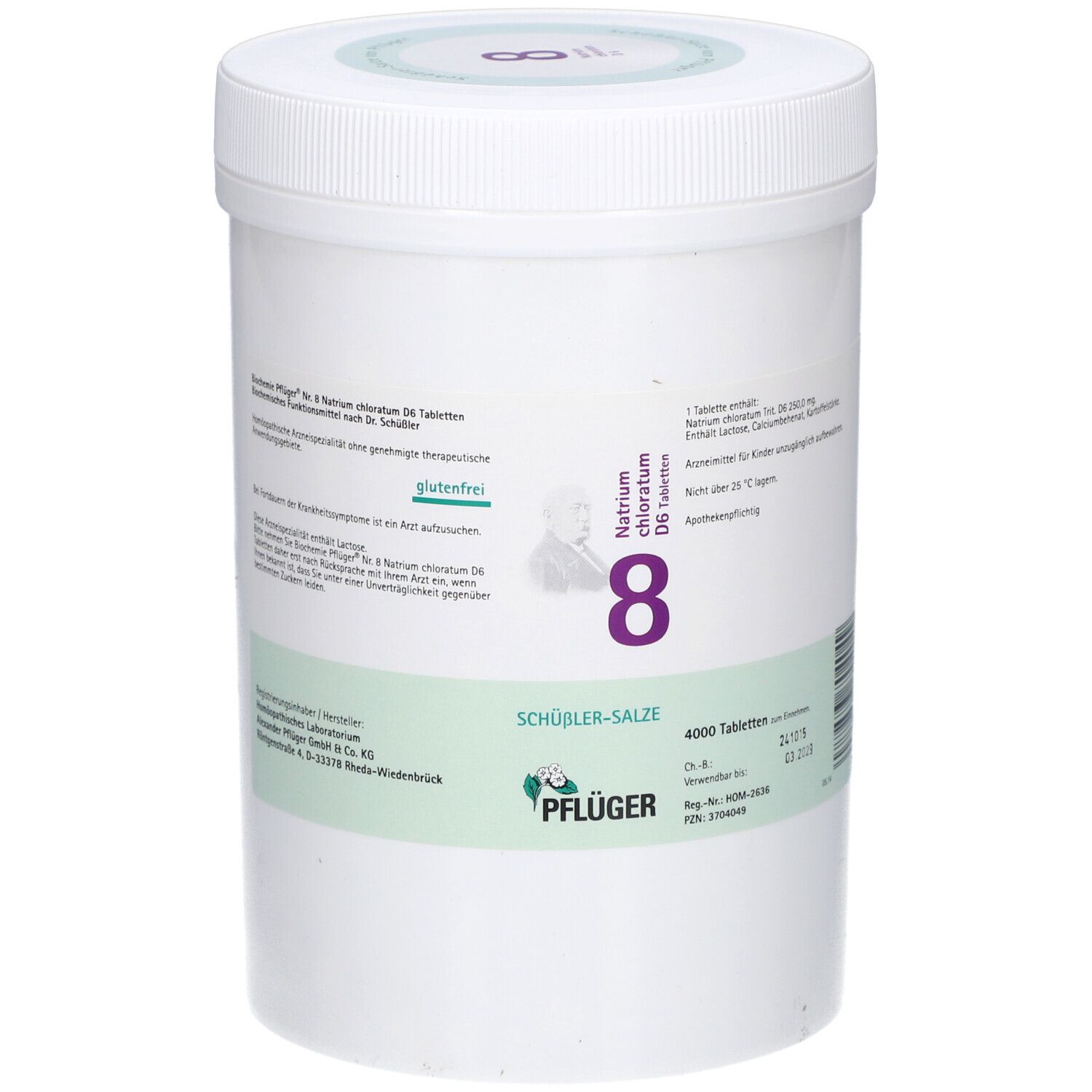 Weißer Behälter mit Deckel. Aufschrift: Natrium chloratum D6, 8, SCHÜSSLER-SALZE, PFLÜGER. 4000 Tabletten.