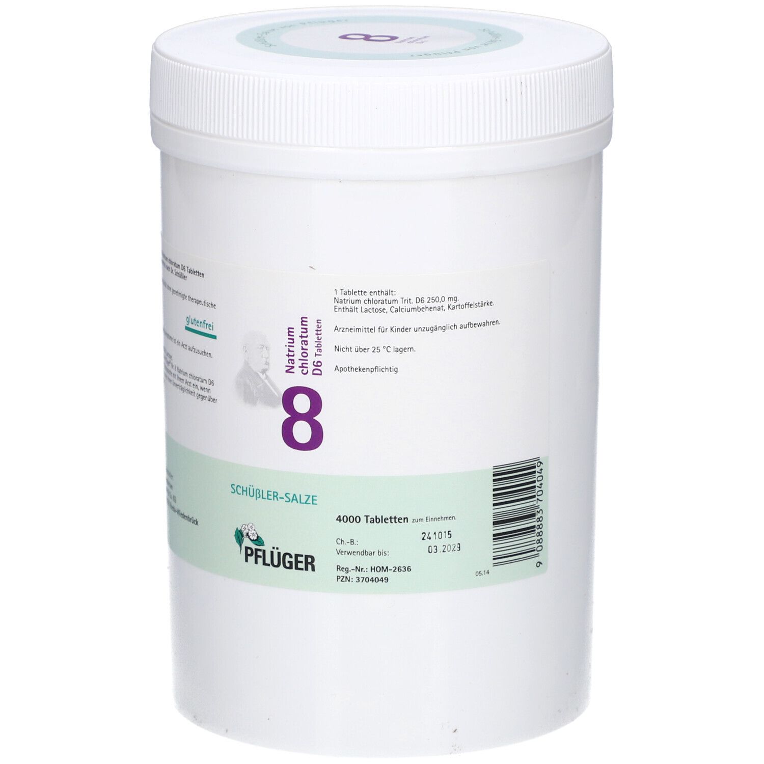 Weißer Behälter mit Deckel. Aufschrift: Natrium chloratum D6, 8, SCHÜSSLER-SALZE, PFLÜGER. 4000 Tabletten.