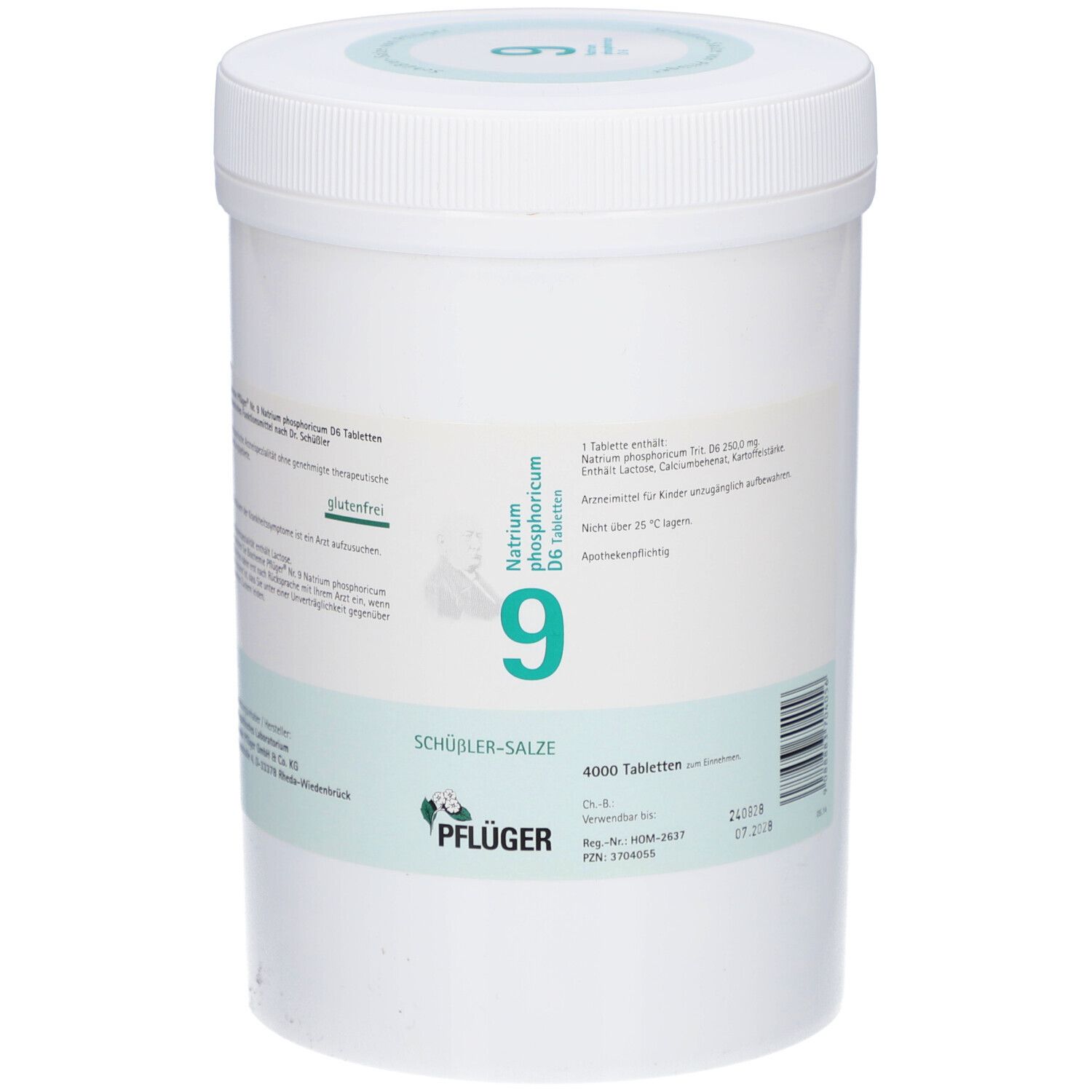 Weißer Zylinderbehälter mit Schraubverschluss. Beschriftung: Natrium phosphoricum D6, 9, 4000 Tabletten, Pflüger. Glutenfrei.