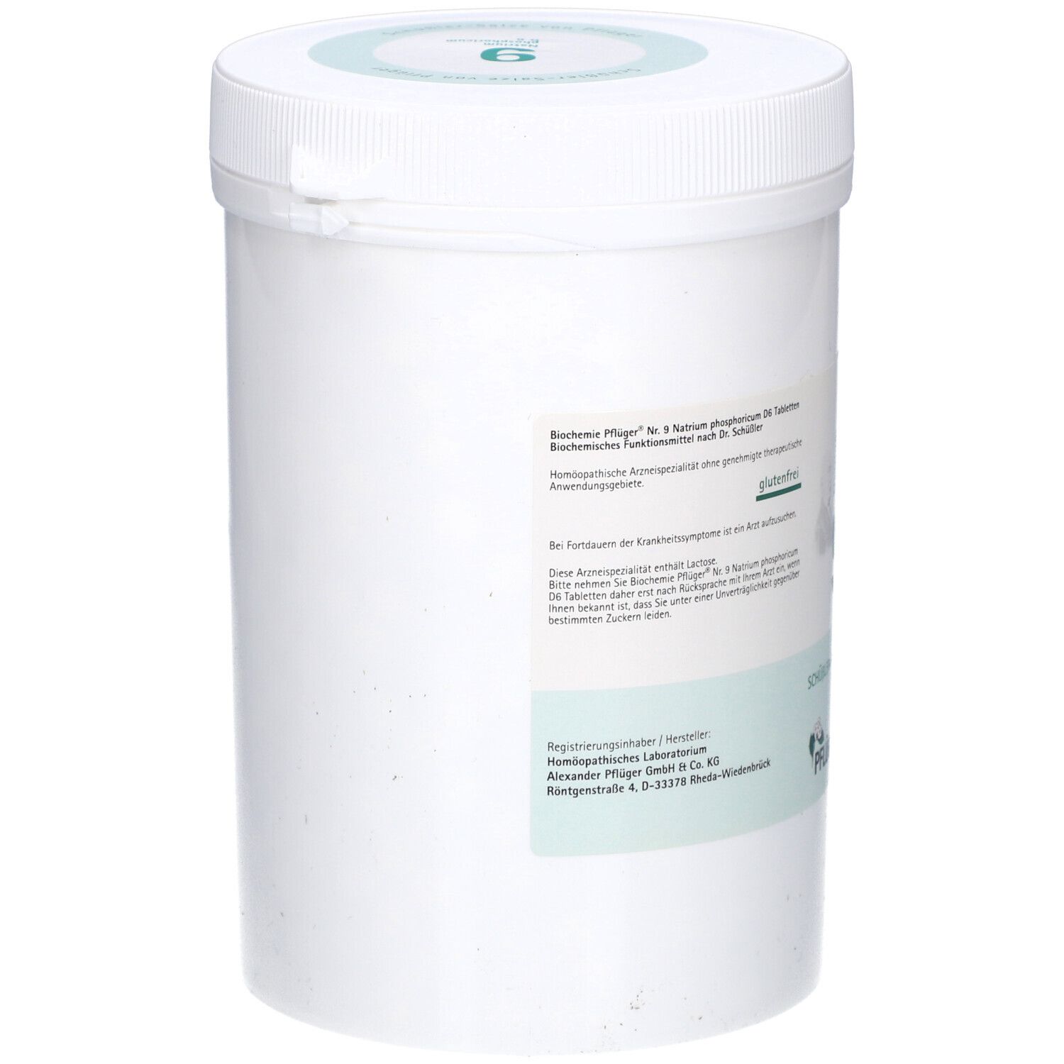 Weißer Zylinderbehälter mit Schraubverschluss. Beschriftung: Natrium phosphoricum D6, Pflüger. Rückseite mit Text und Logo.