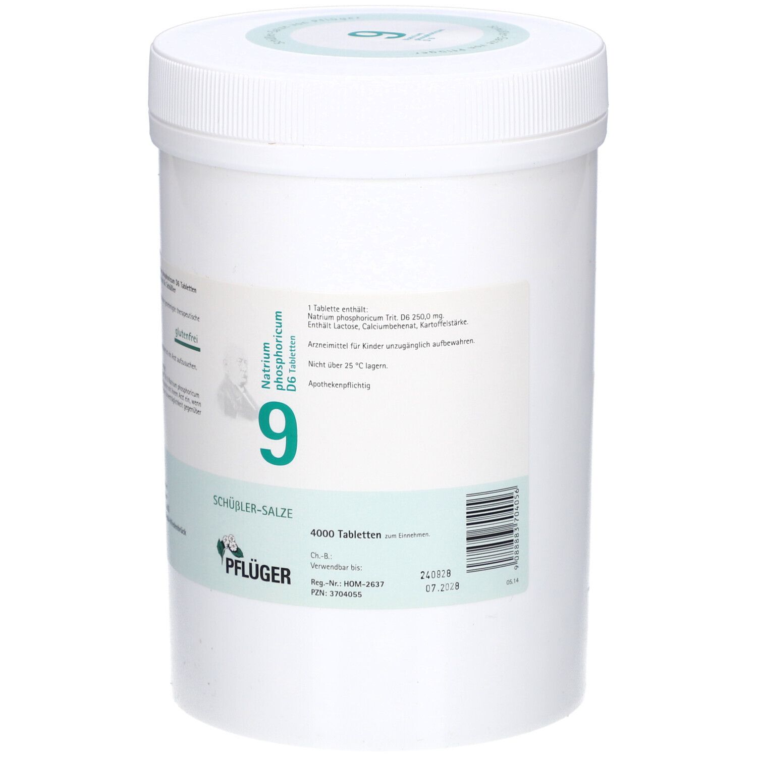 Weißer Zylinderbehälter mit Schraubverschluss. Beschriftung: Natrium phosphoricum D6, 9, 4000 Tabletten, Pflüger. Datumsangabe.