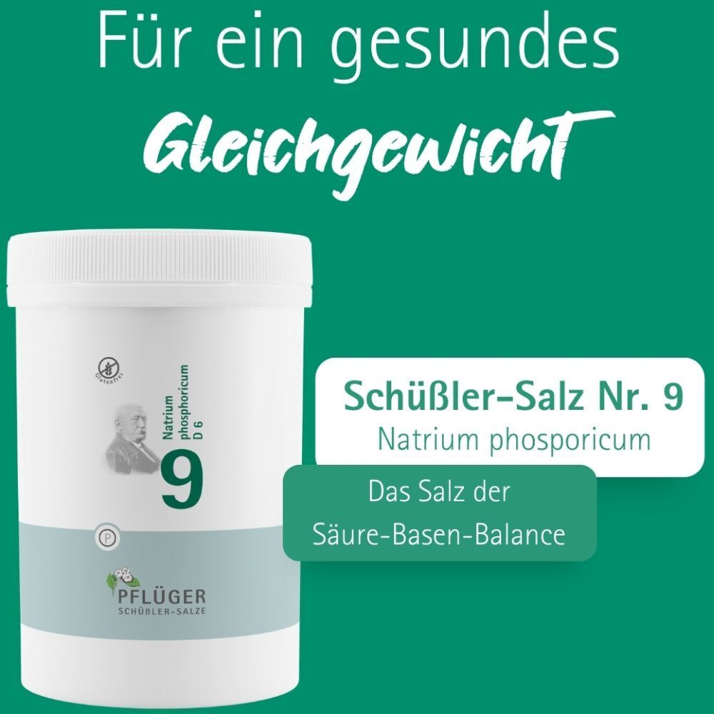 Weiße Dose. Text: Schüßler-Salz Nr. 9 Natrium phosphoricum. Das Salz der Säure-Basen-Balance. Auf grünem Hintergrund.
