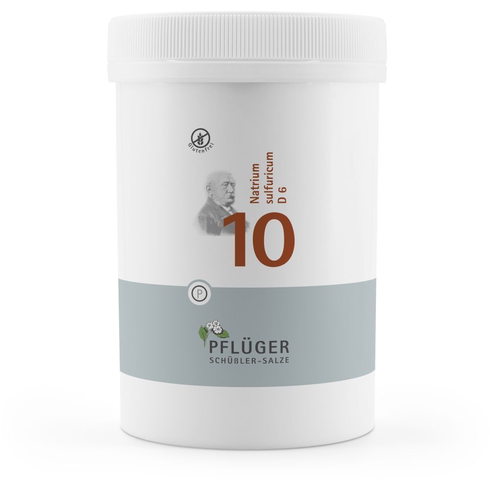 Weiße Dose mit brauner Aufschrift "10". Logo und Text "Pflüger Schüßler-Salze". Glutenfrei-Symbol.