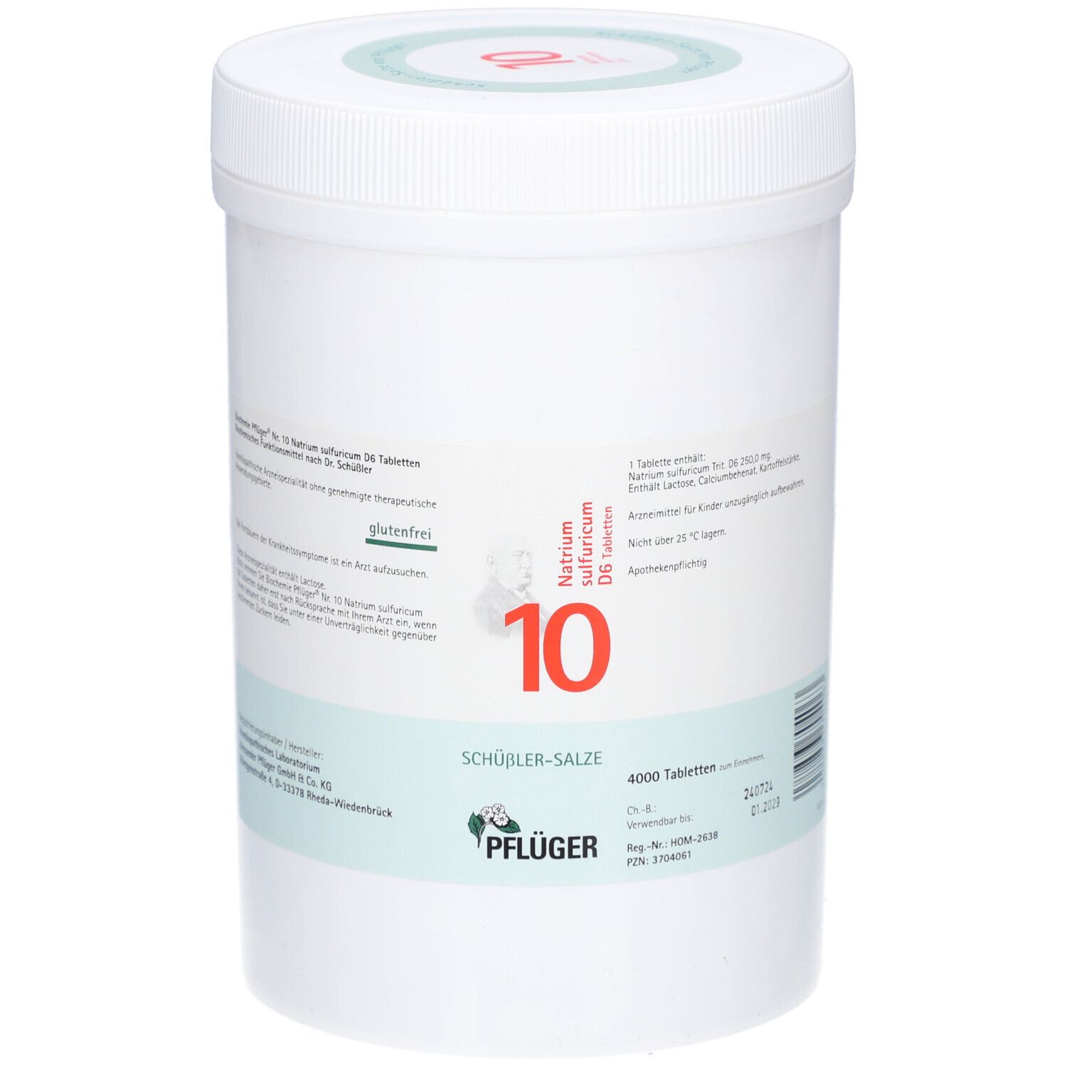 Weißer Behälter mit Schraubverschluss. Aufkleber mit Produktinformationen und Logo. Beschriftung: Natrium sulfuricum D6 Tabletten, 10, Pflüger.