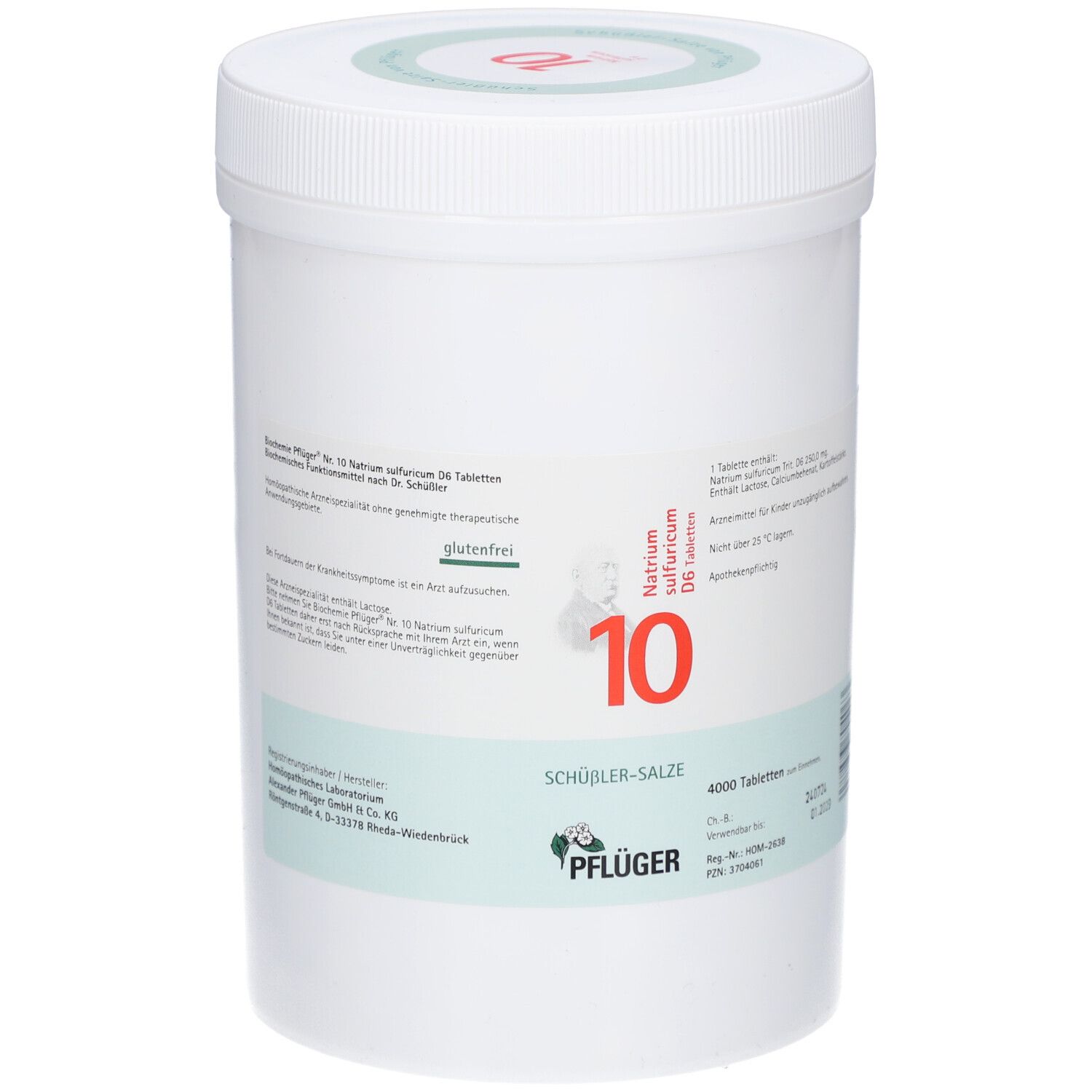 Weißer Behälter mit Schraubverschluss. Aufkleber mit Produktinformationen und Logo. Beschriftung: Natrium sulfuricum D6 Tabletten, 10, Pflüger.